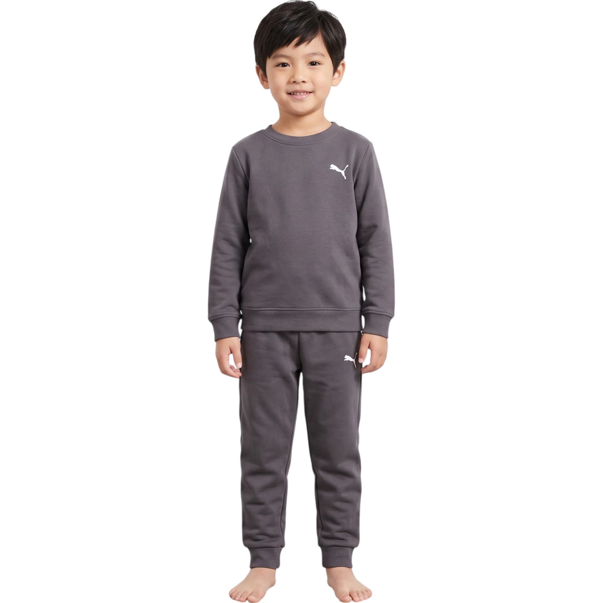 PUMA Kids grey cotton tracksuit front view, crew neck long-sleeve top