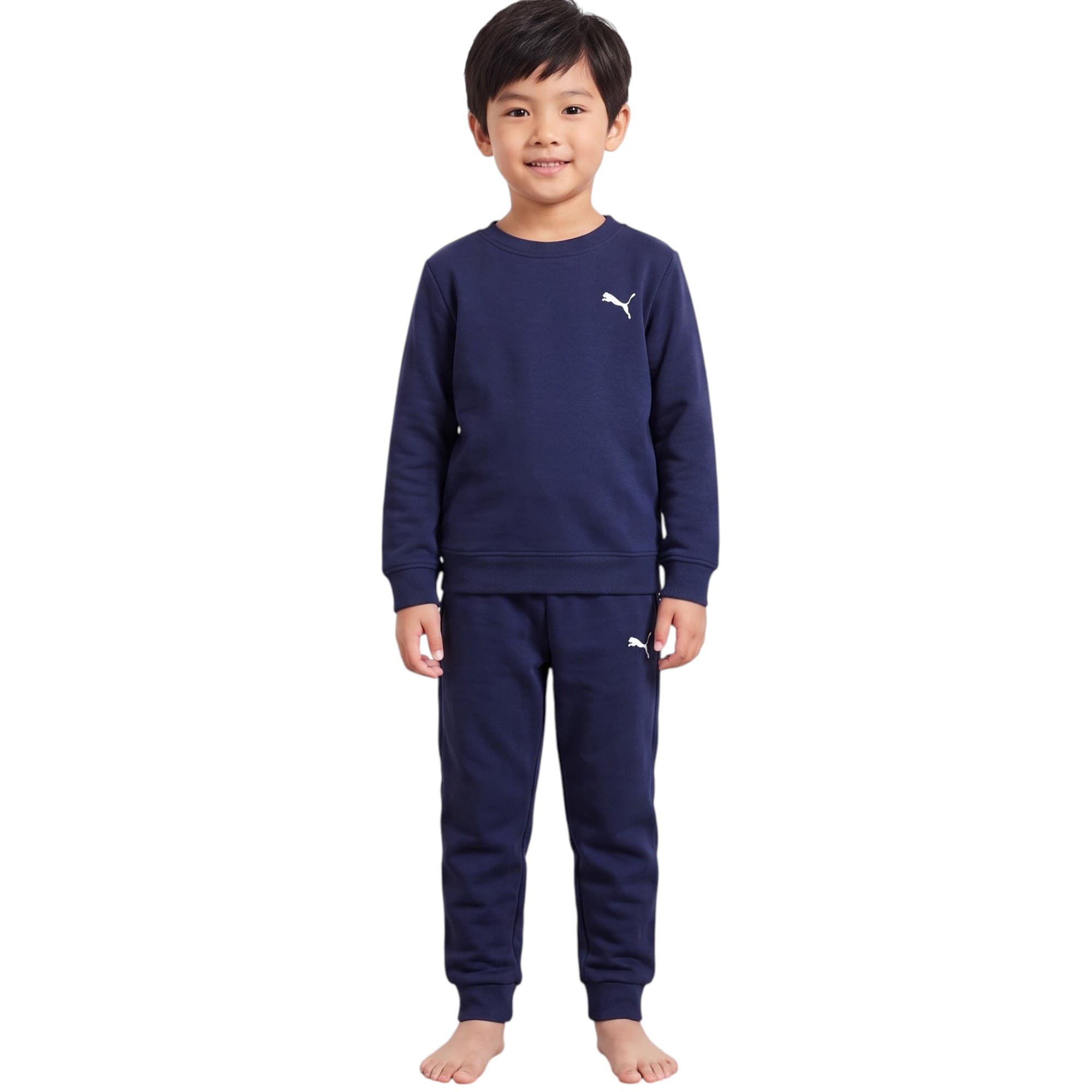 PUMA Kids Navy cotton tracksuit front view with crew neck and long sleeves