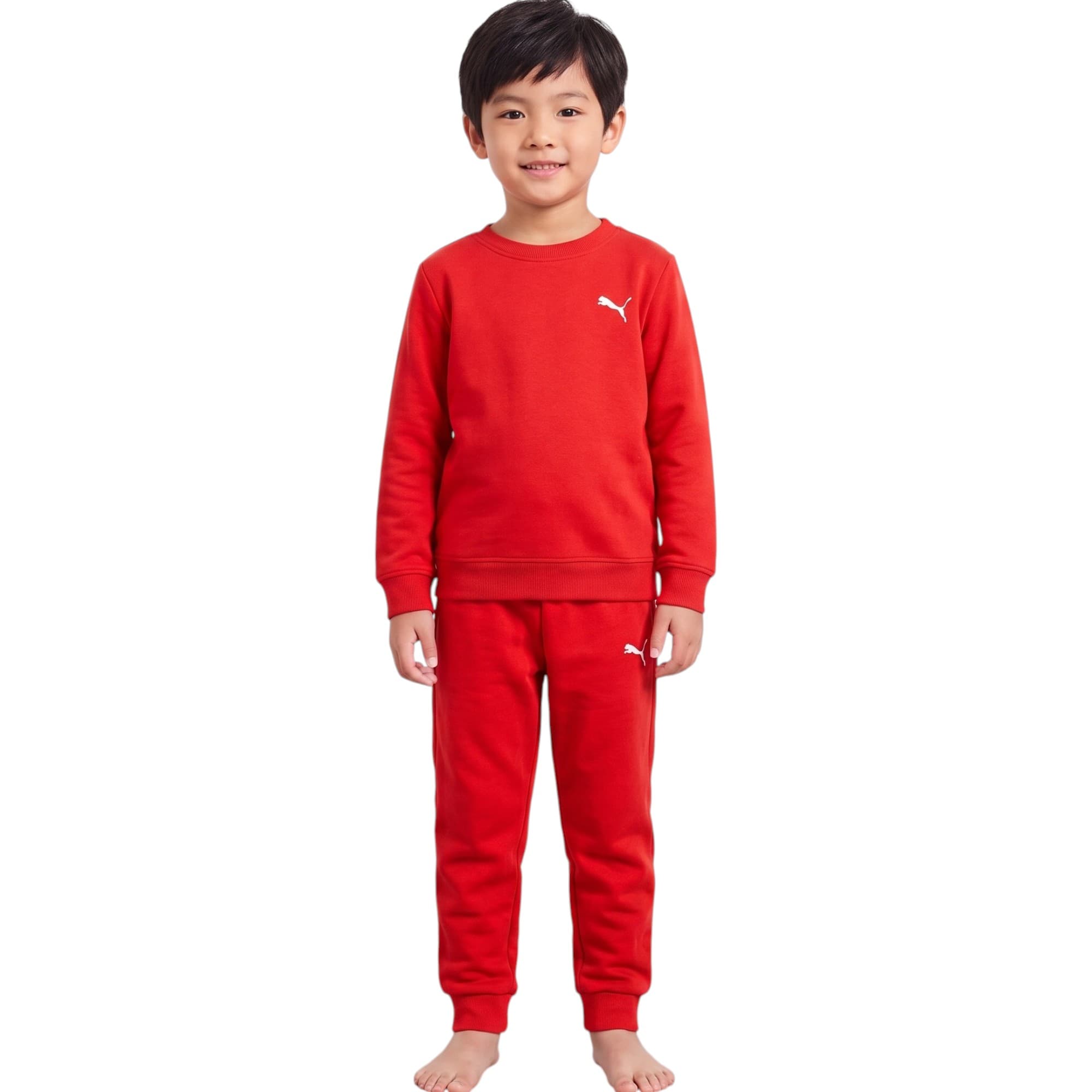 Puma Kids Red Cotton Tracksuit front view with crew neck and long sleeves