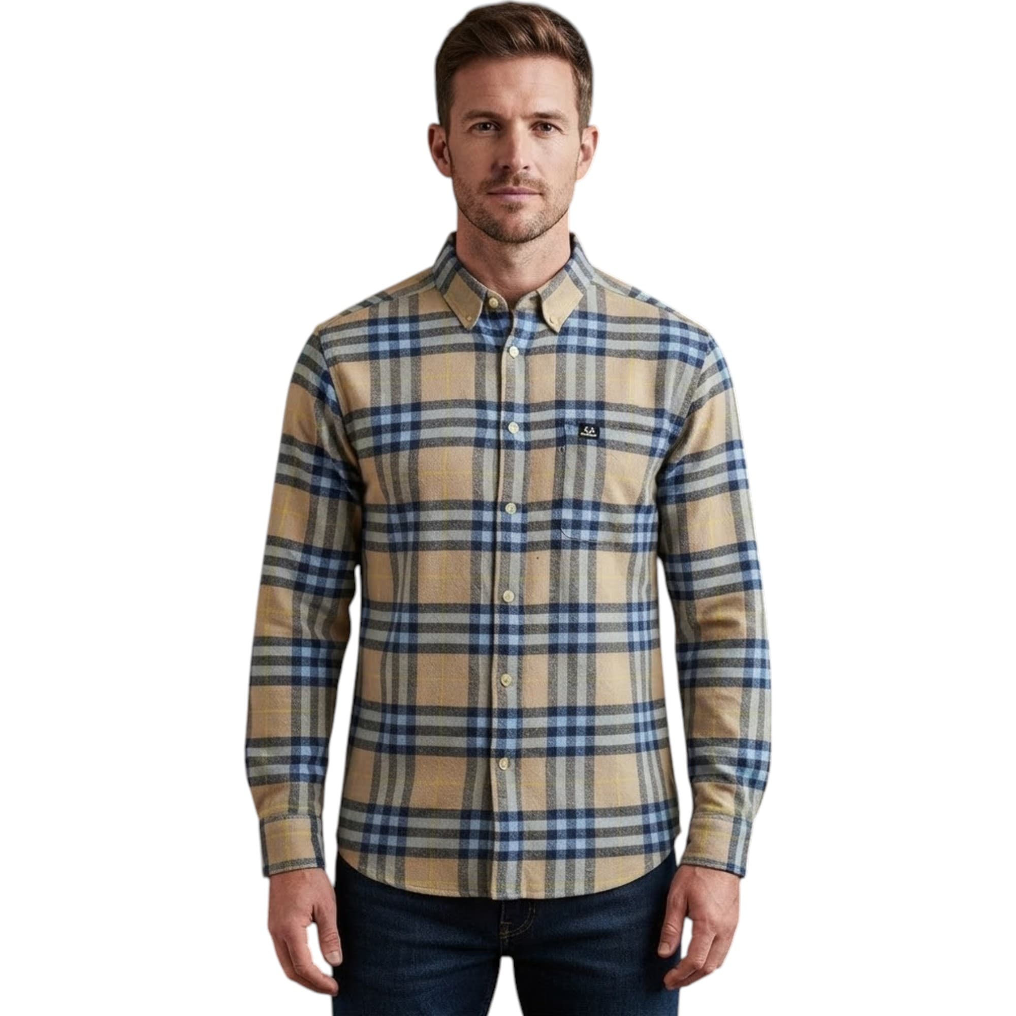 Realtree men's flannel check shirt in beige and sky blue, front view