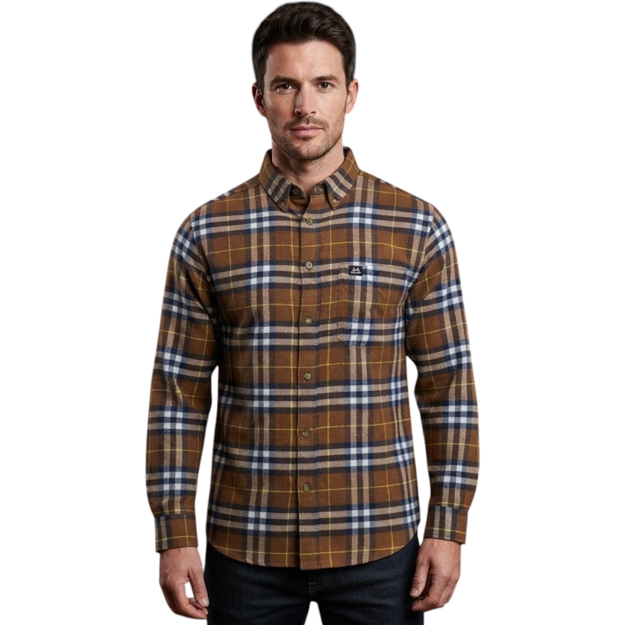 Realtree men's brown and yellow flannel check shirt front view