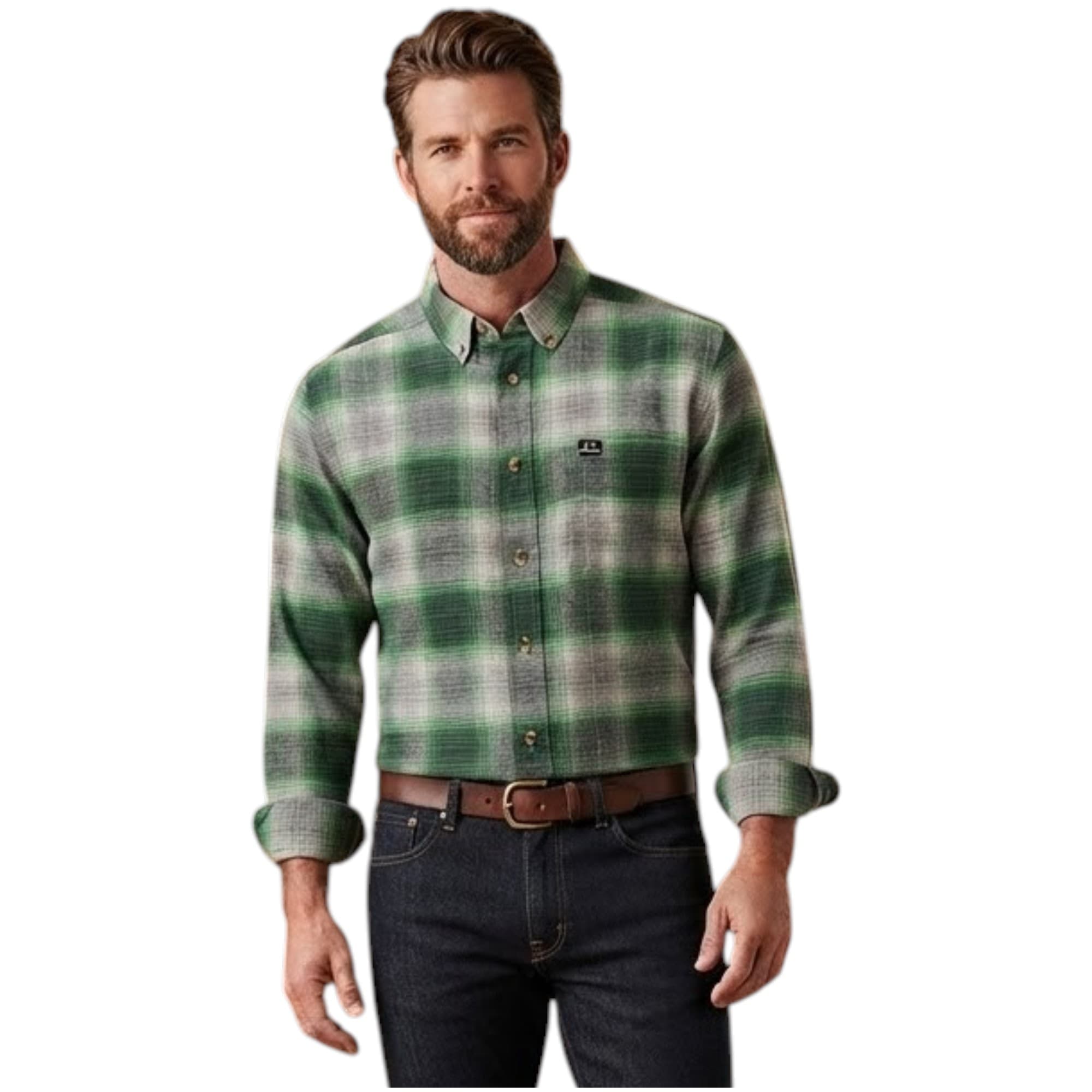 Realtree men's flannel check shirt in green and grey, front view