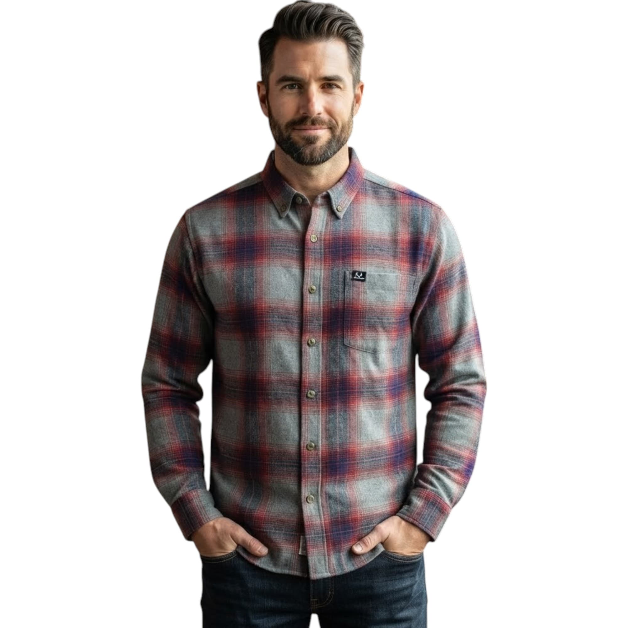 Realtree grey and red check flannel shirt front view