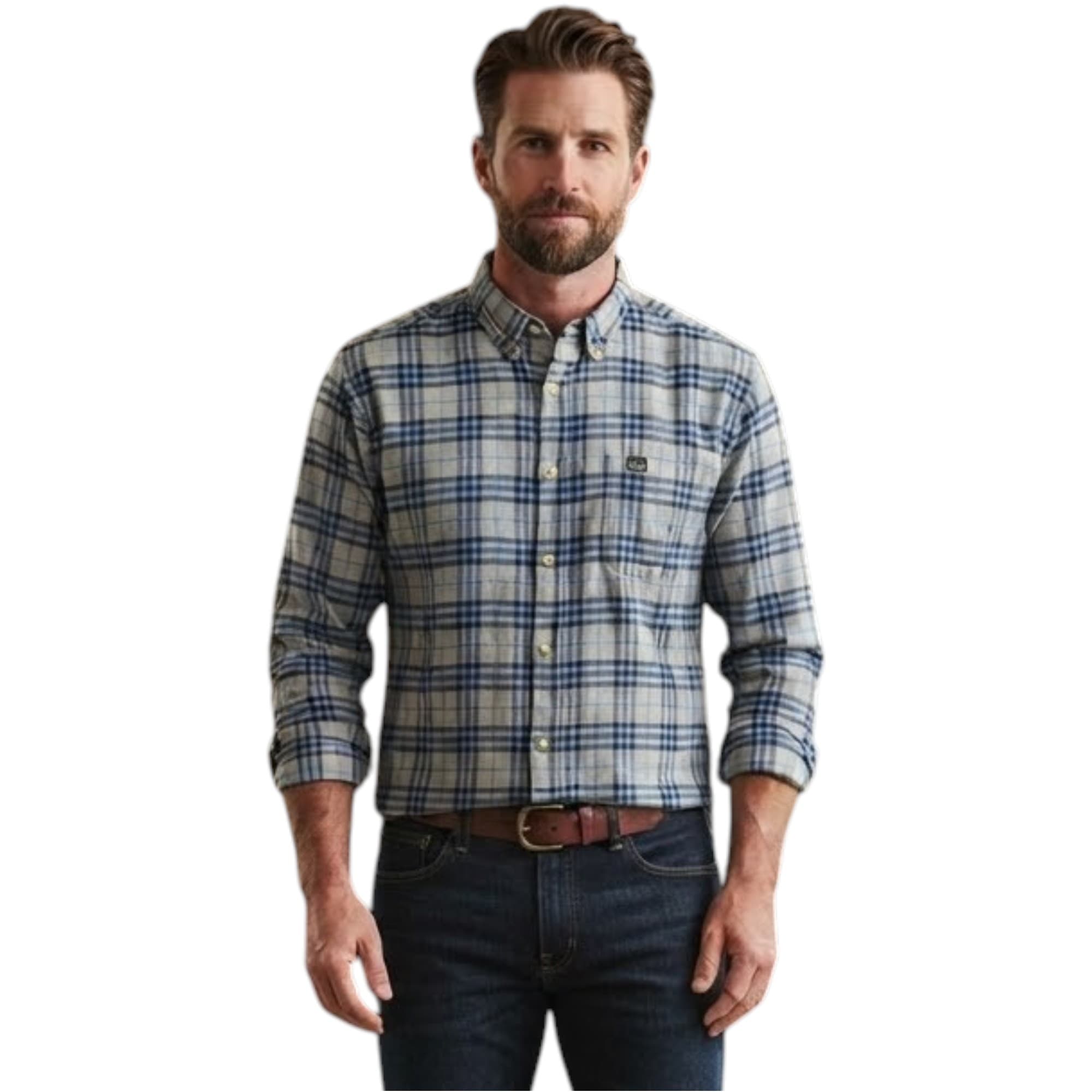 Realtree men's flannel check shirt in light grey and sky blue, front view