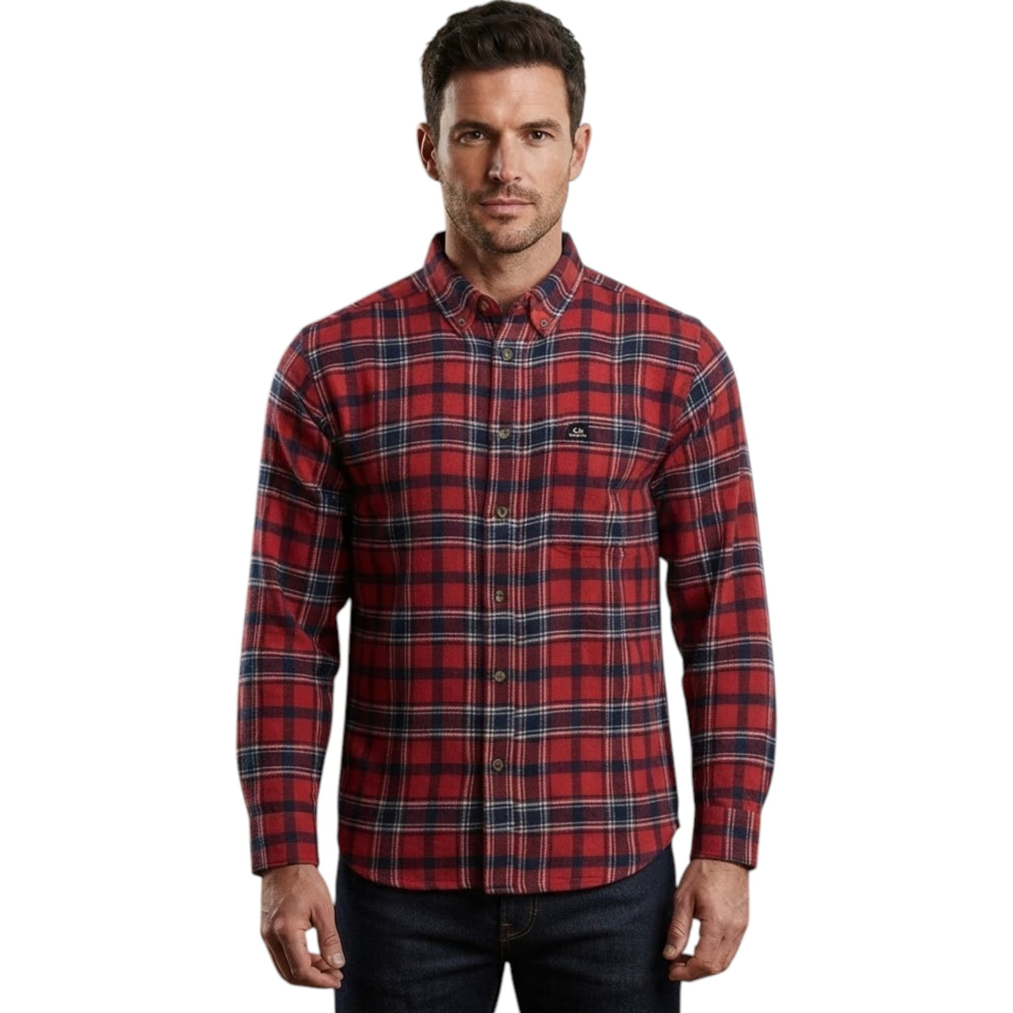 Realtree men's red and navy flannel check shirt, front view