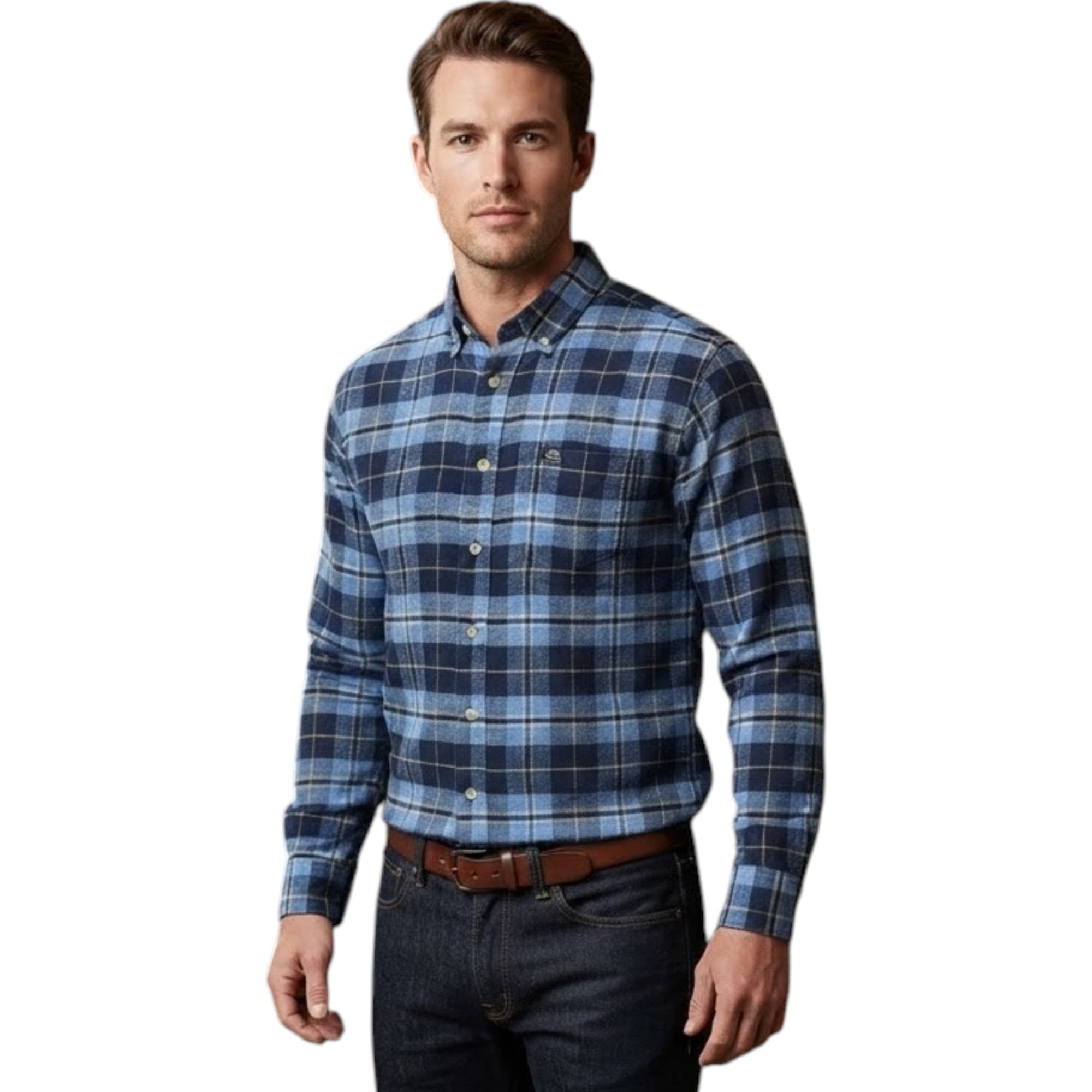 Realtree men's sky blue and beige flannel check shirt front view