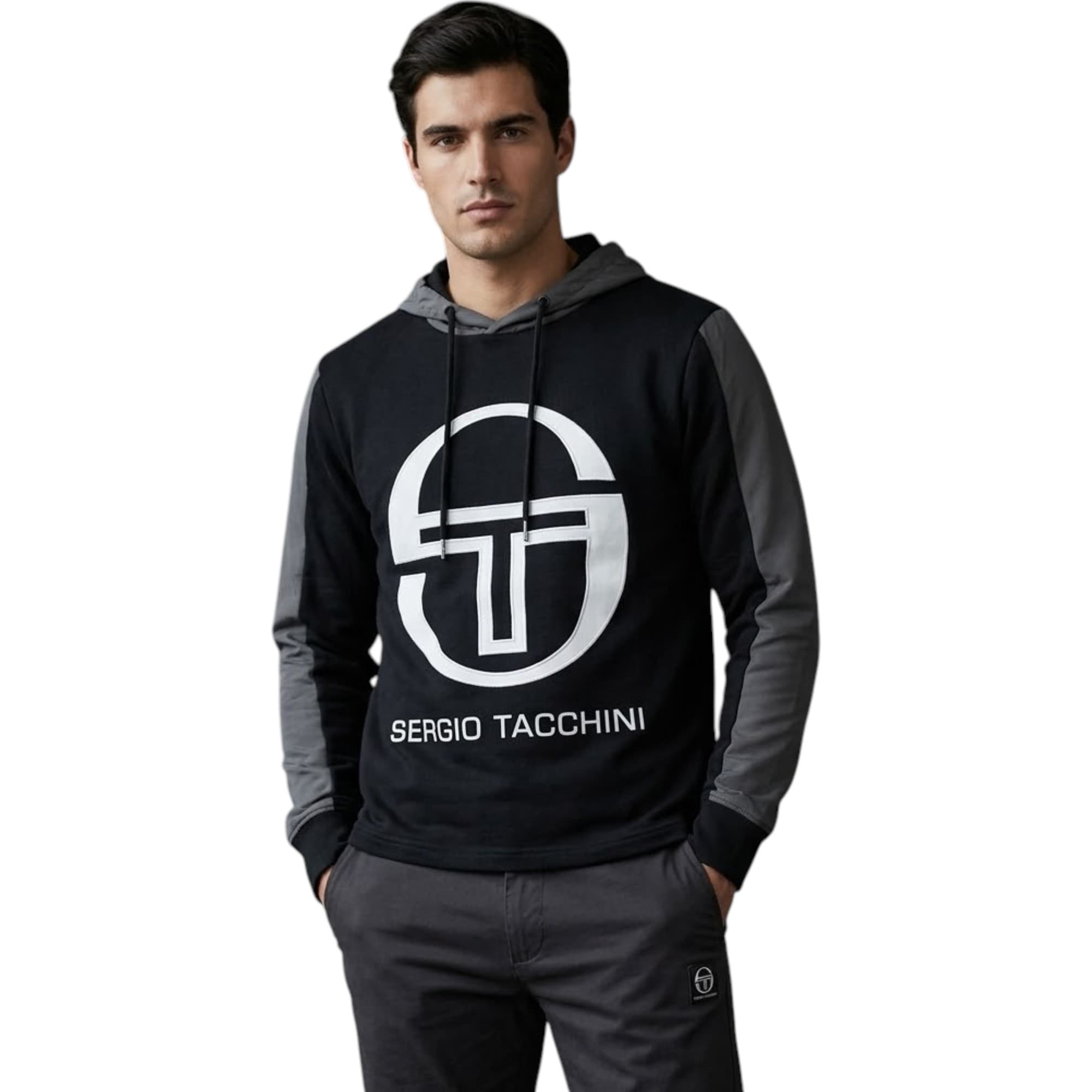 Sergio Tacchini black men's hoodie front view with embroidered chest logo