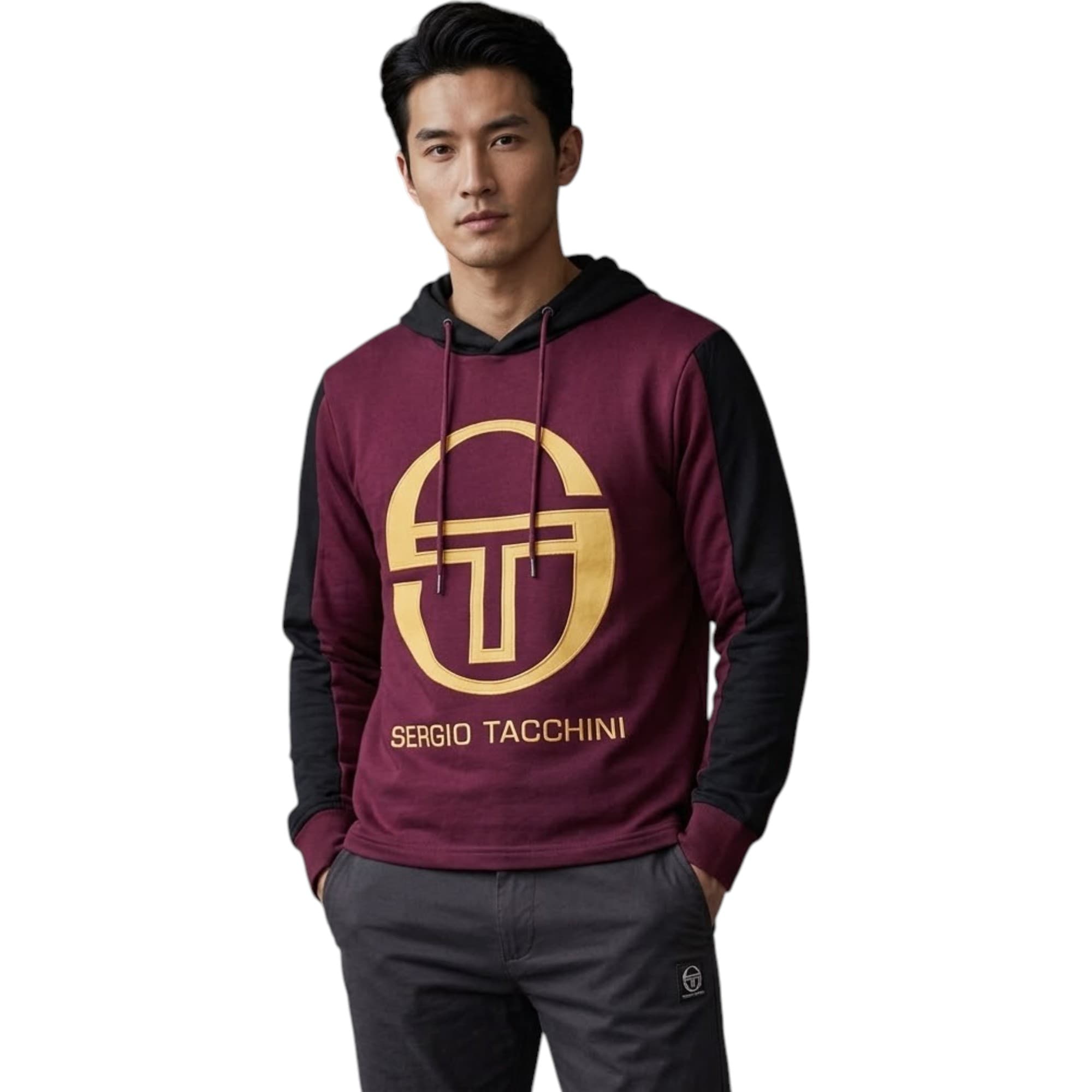 Sergio Tacchini maroon men's hoodie front view with embroidered chest logo