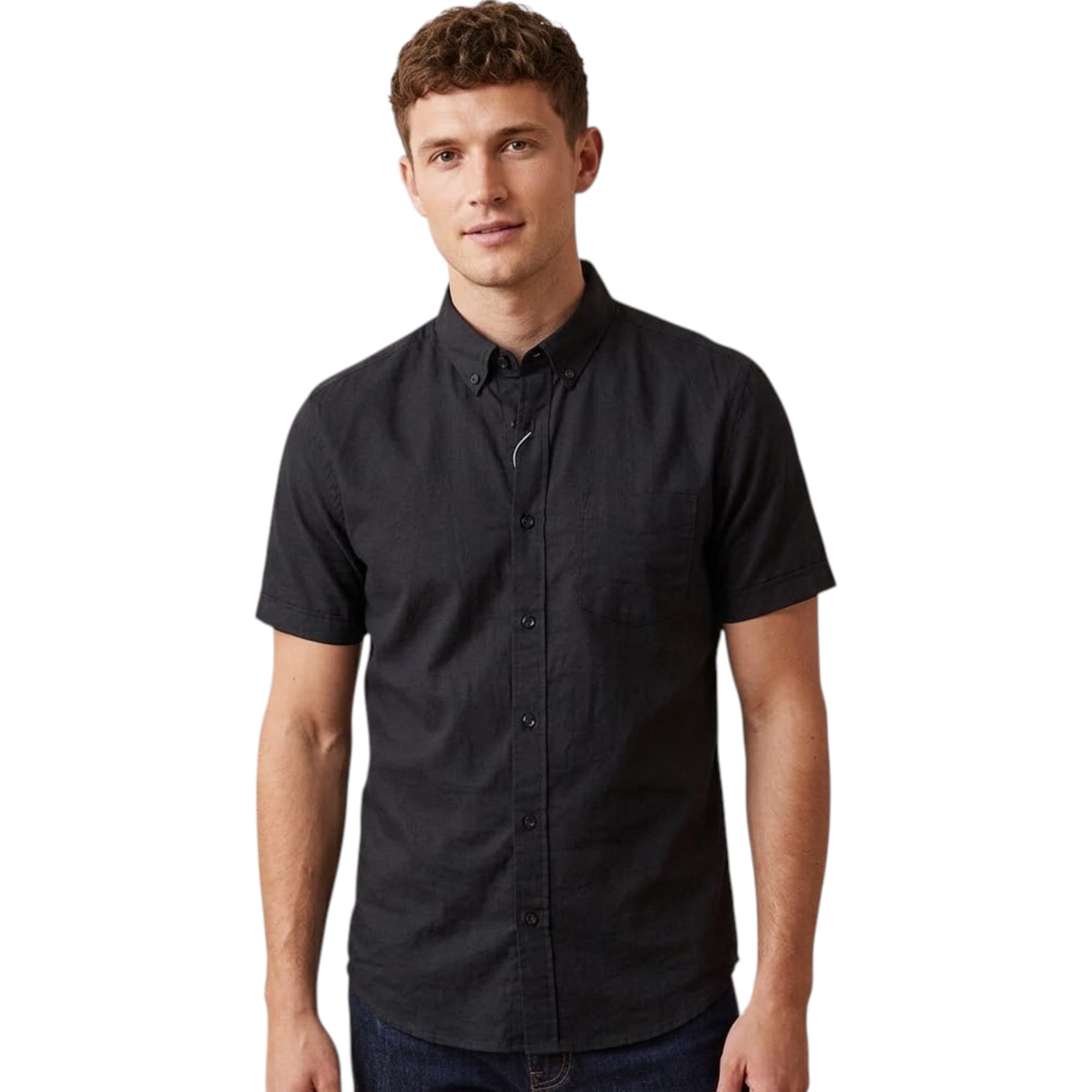 Springfield mens black cotton short sleeve shirt front view with chest pocket