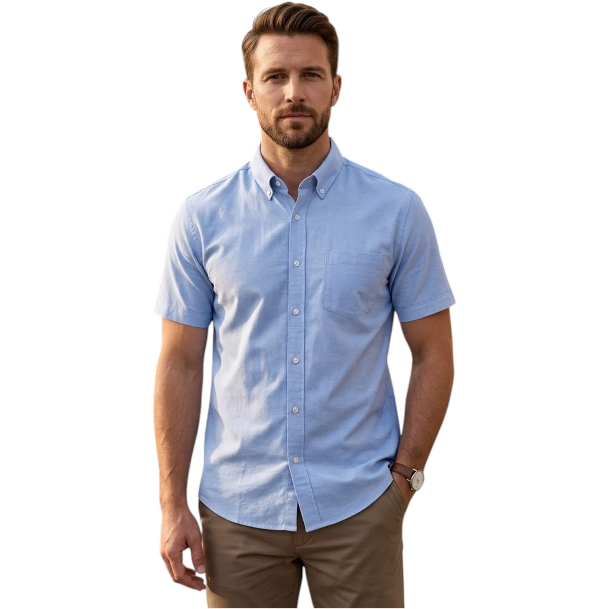 Springfield men's light blue short sleeve cotton shirt front view