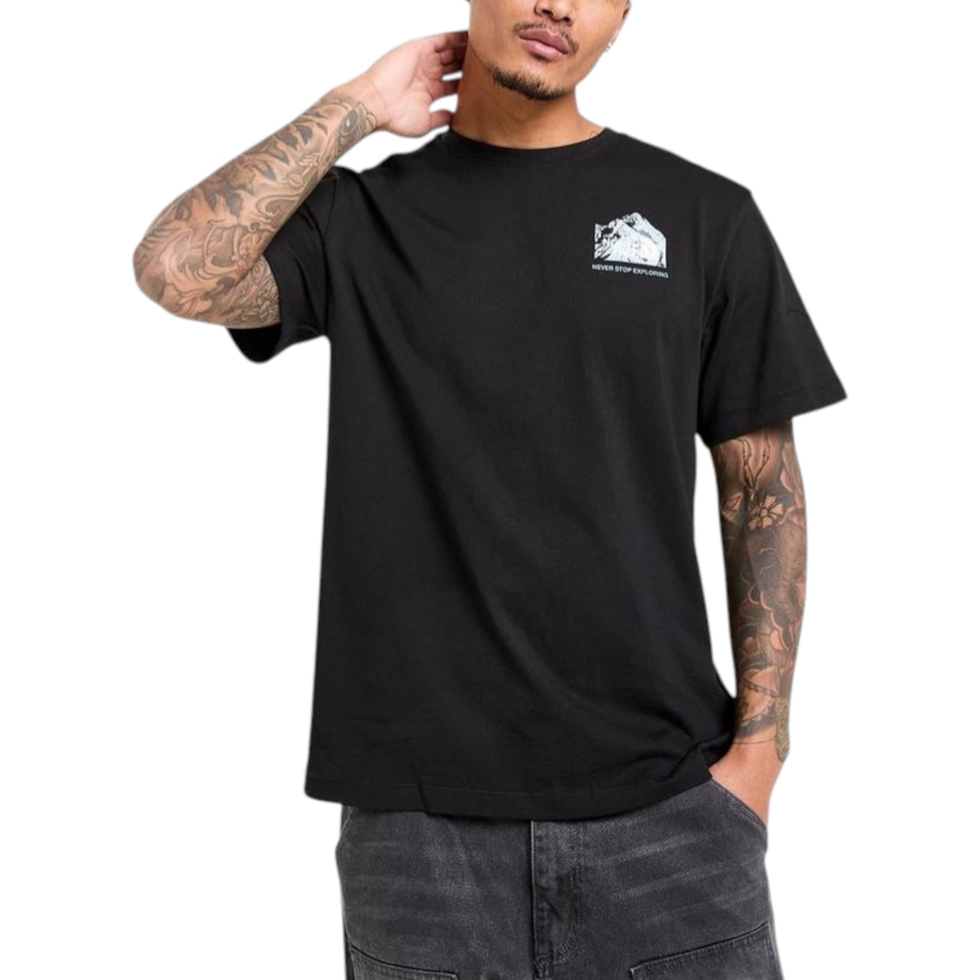 The North Face Dark Matter Graphic black t-shirt front view with chest mountain print