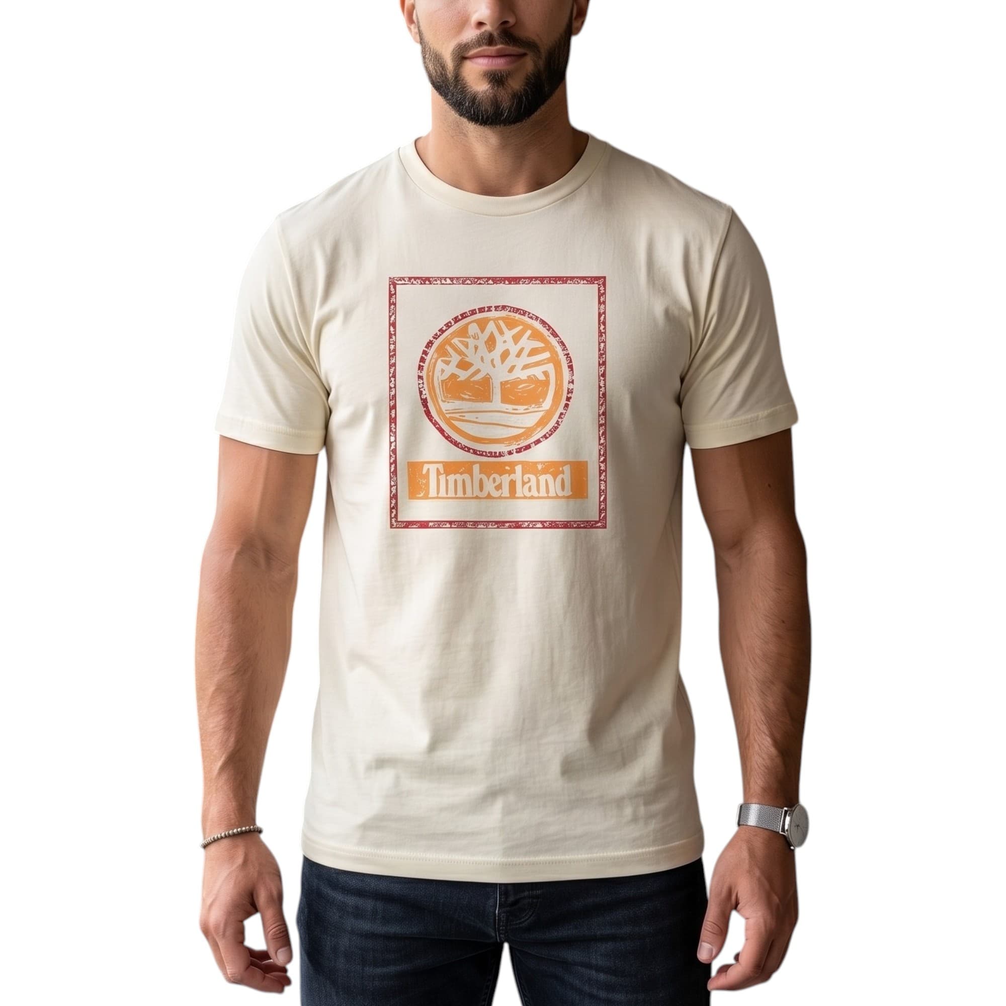 Timberland beige men's t-shirt front view with chest logo