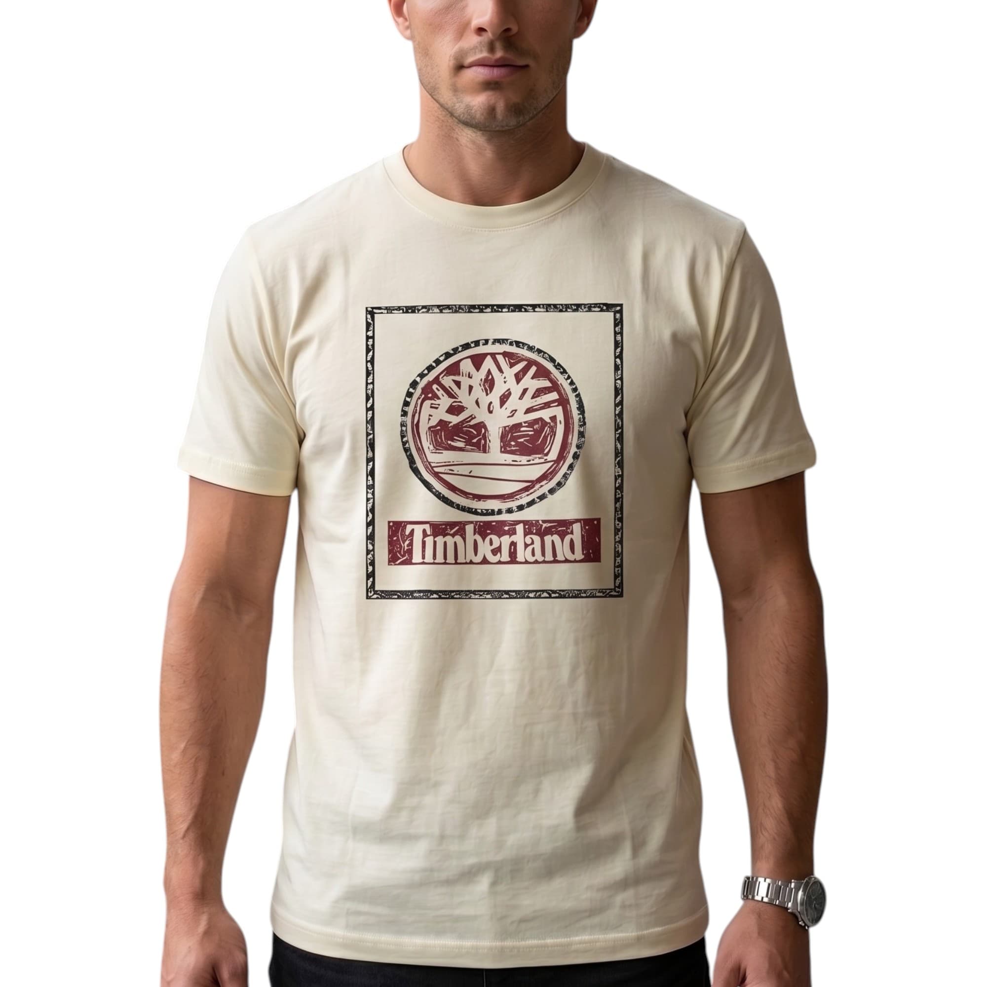 Timberland men's off-white t-shirt with chest logo front view