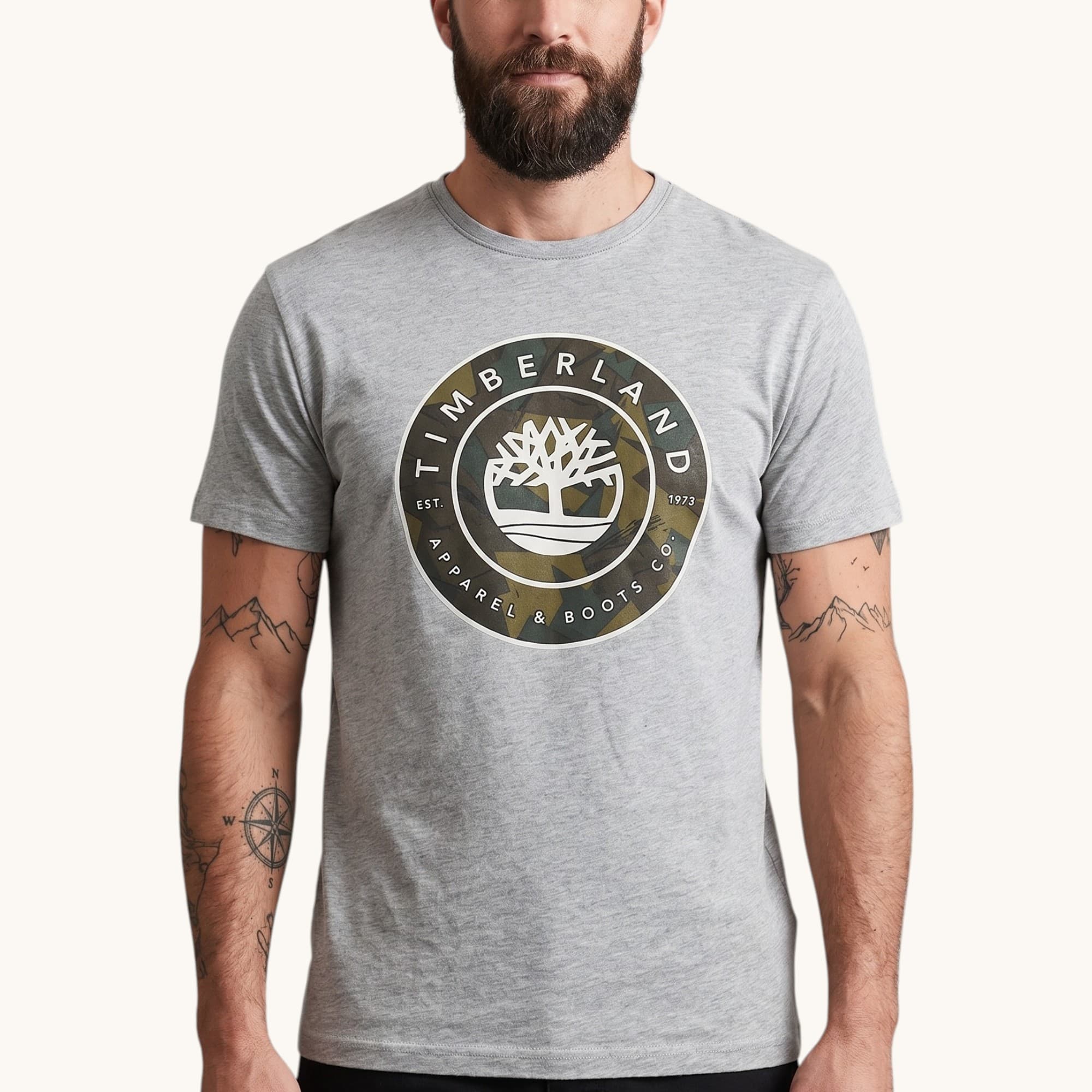 Timberland men's grey printed t-shirt with 3D tree logo, front view