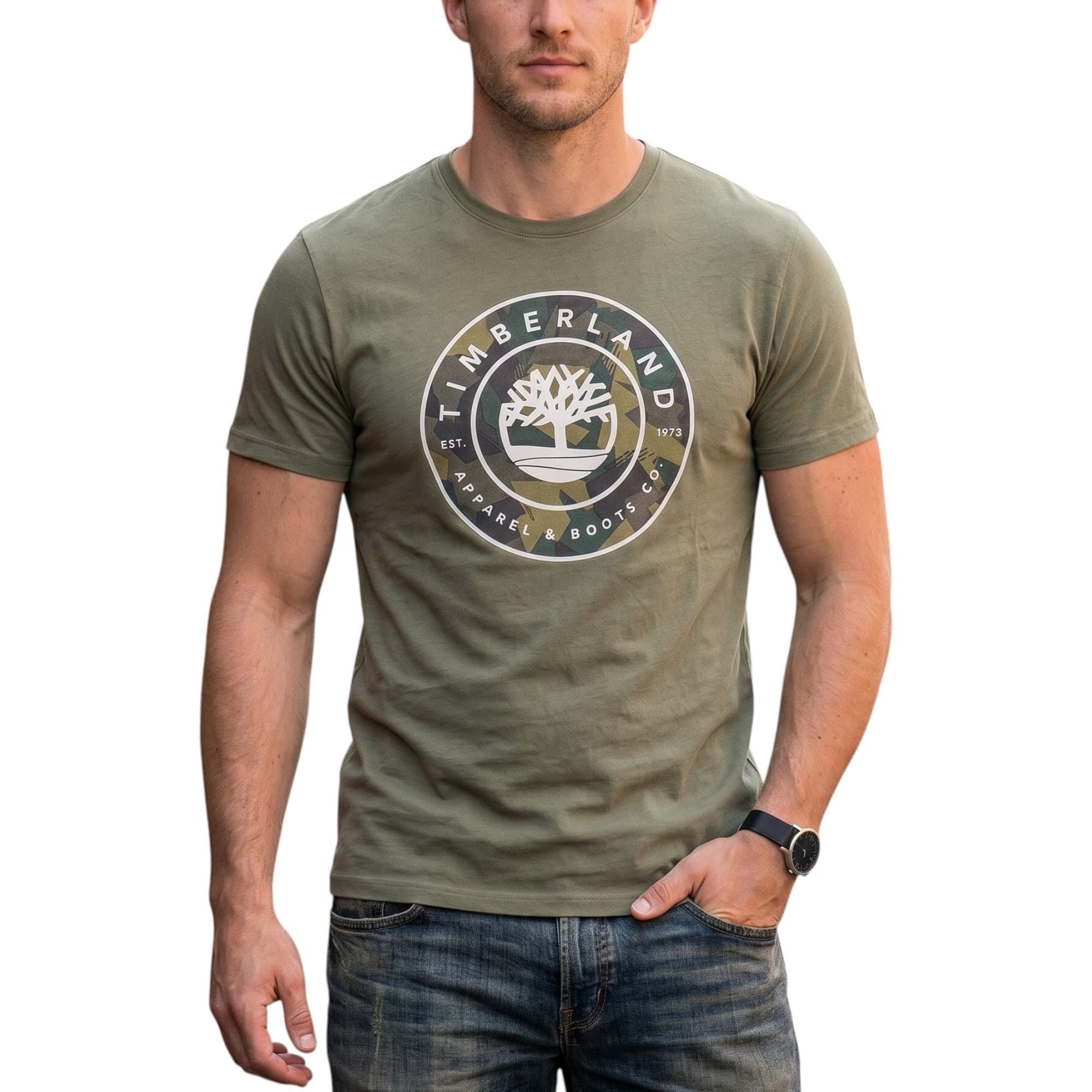 Timberland men's olive printed t-shirt with 3D tree logo, front view