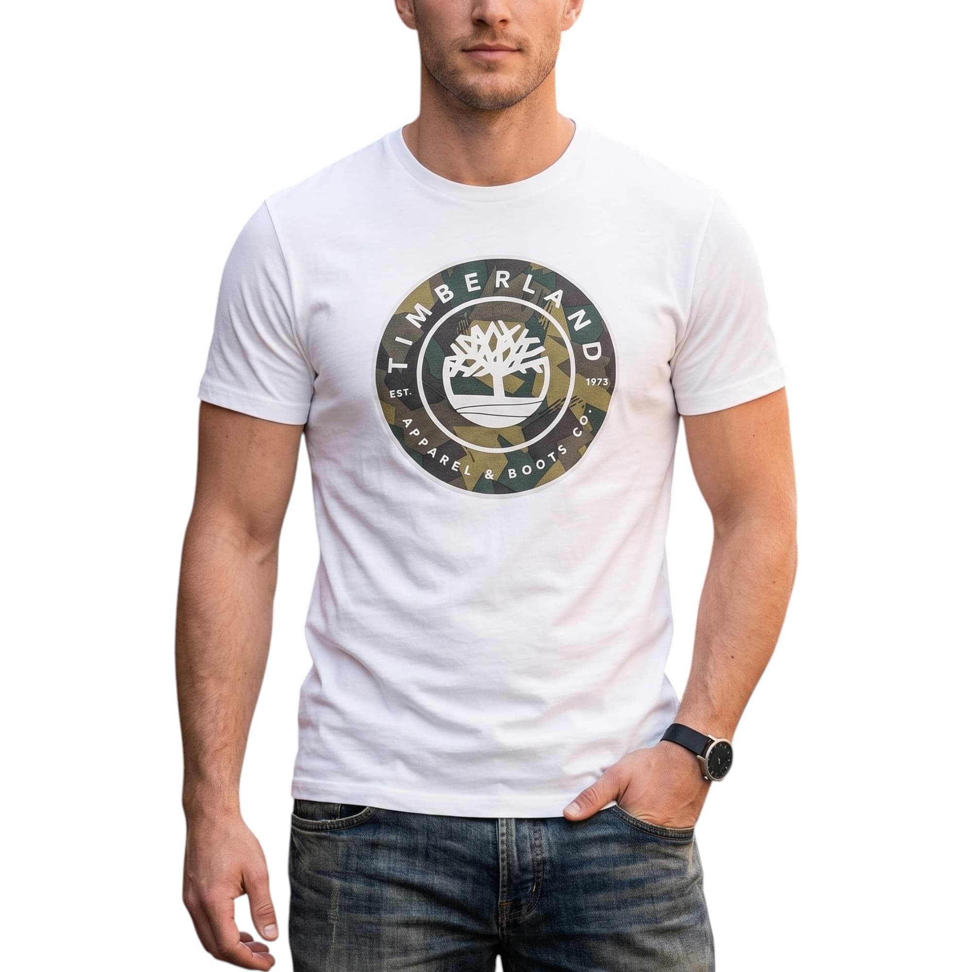 Timberland men's white printed T-shirt with 3D tree logo, front view