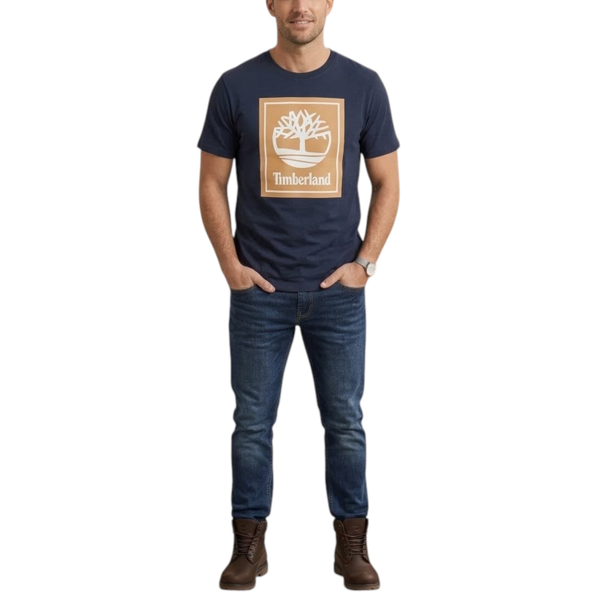 Timberland men's navy printed t-shirt with crew neck, front view