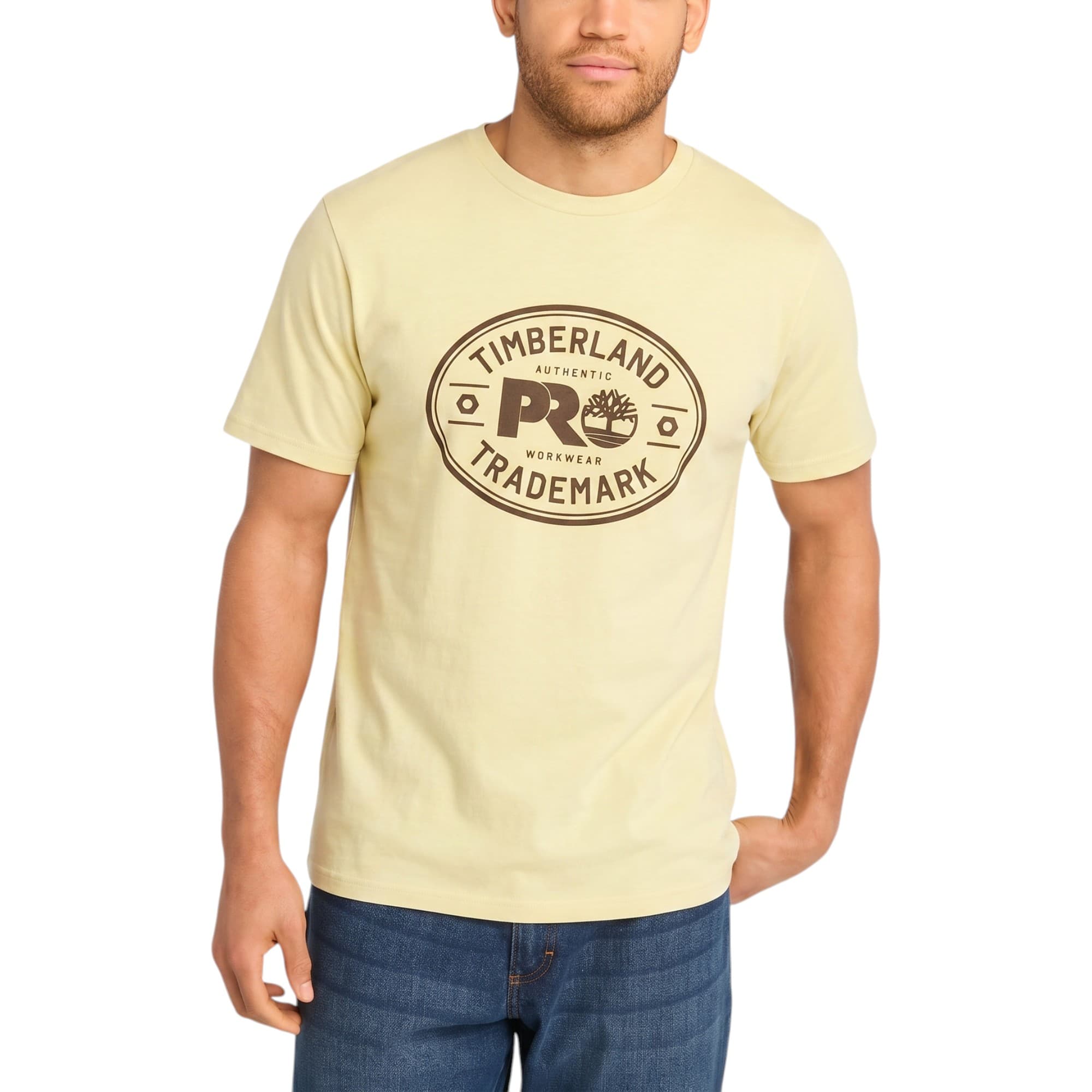 Timberland Pro Trademark cream men's t-shirt with chest logo, front view