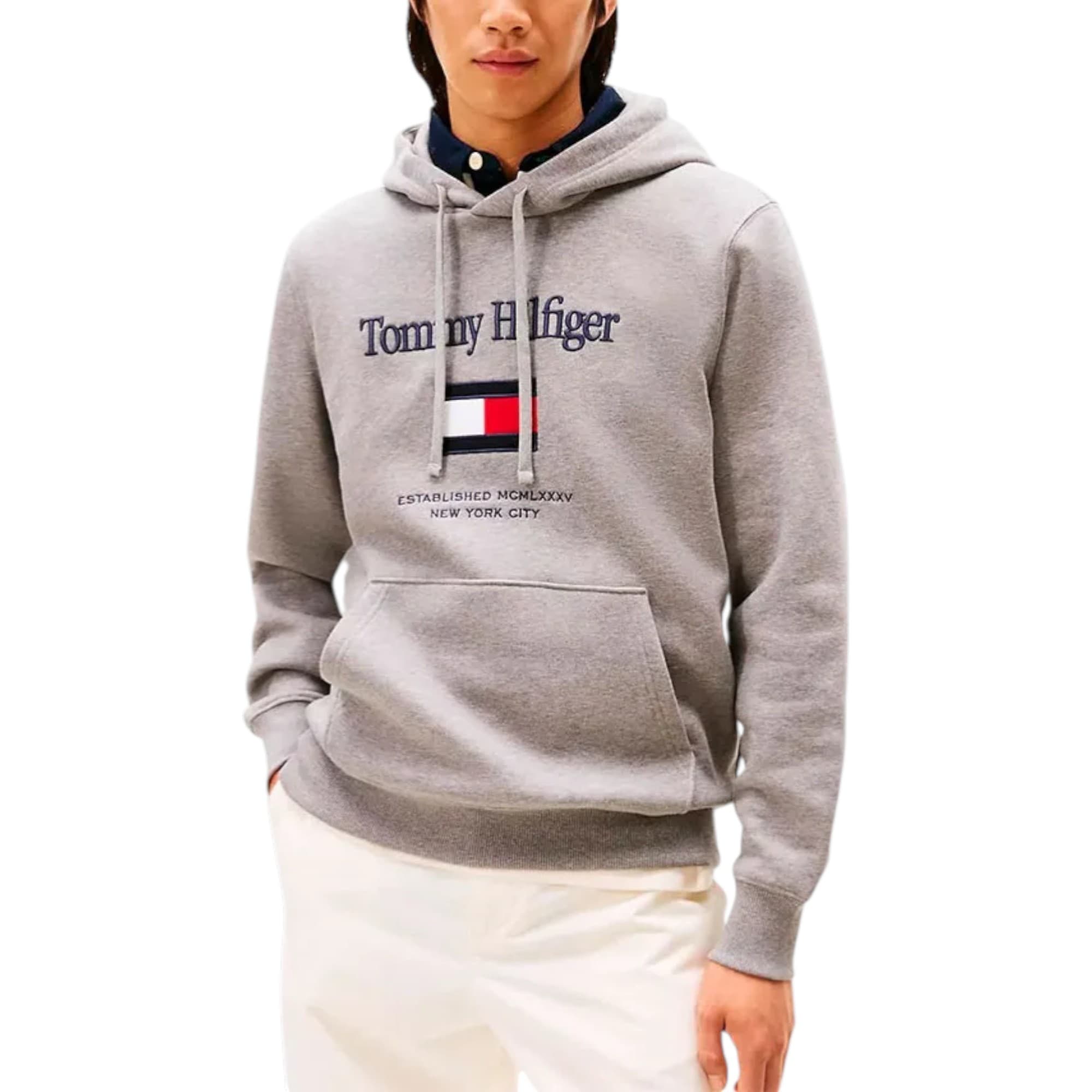 Tommy Hilfiger men's grey cotton hoodie front view with chest logo embroidery