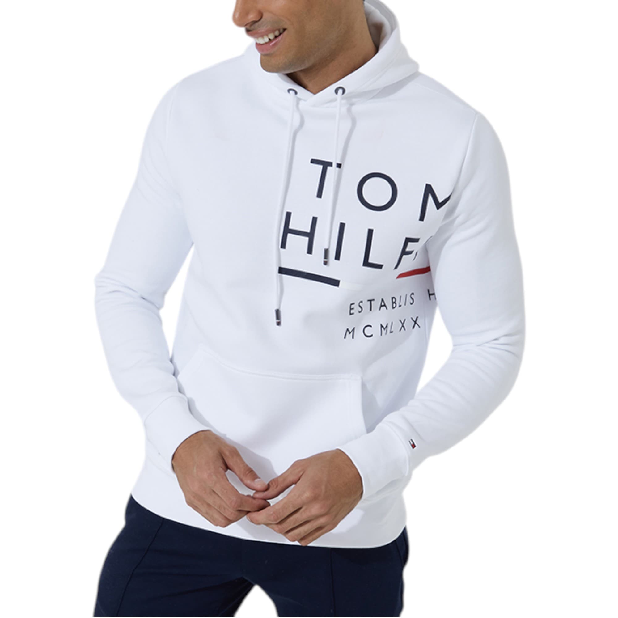 Tommy Hilfiger white fleece hoodie front view with wraparound logo design