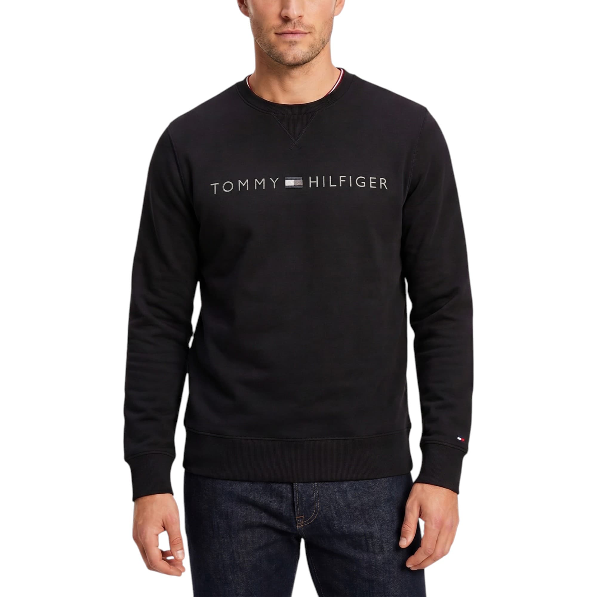 Tommy Hilfiger black fleece sweatshirt front view with chest logo