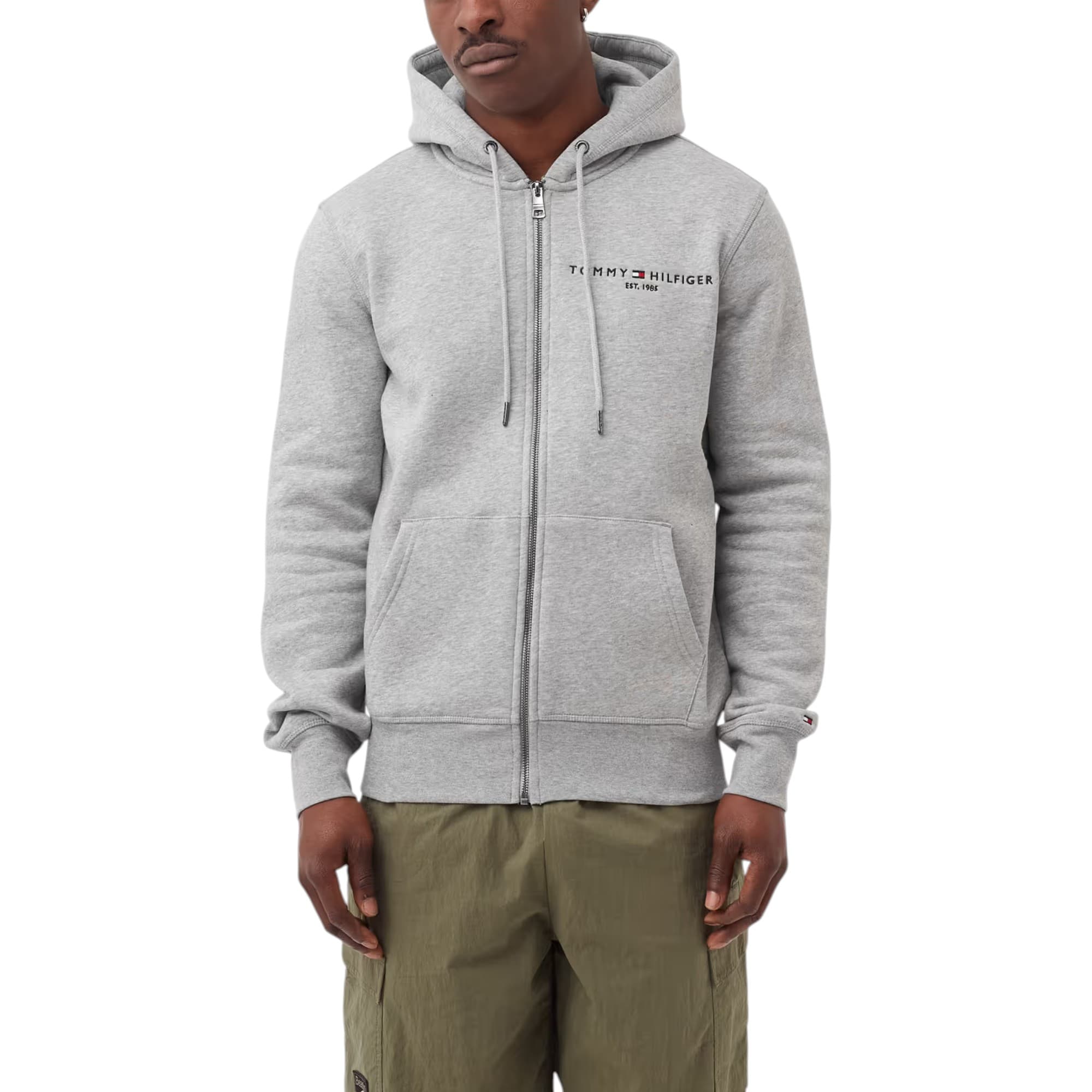 Tommy Hilfiger grey men's hoodie front view with chest logo embroidery