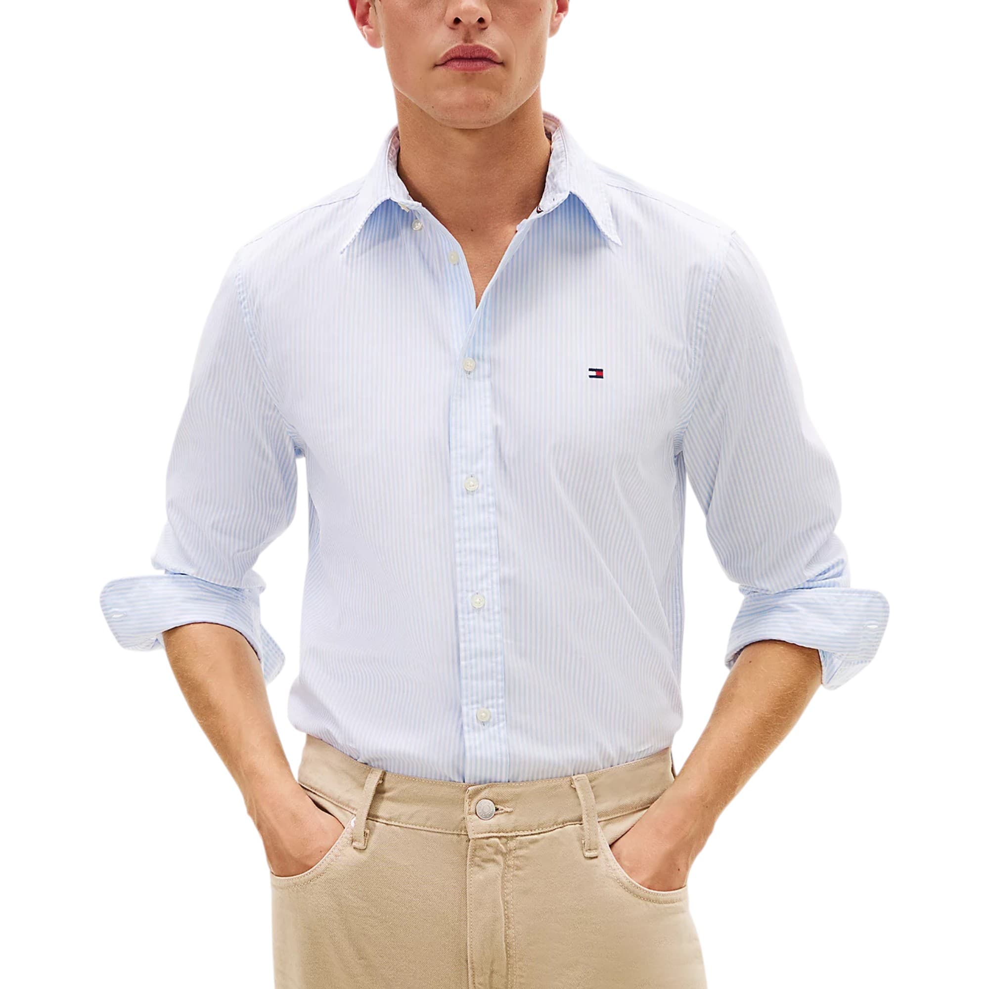 Tommy Hilfiger TH Flex Oxford Stripe Shirt in sky blue, front view with embroidered flag logo