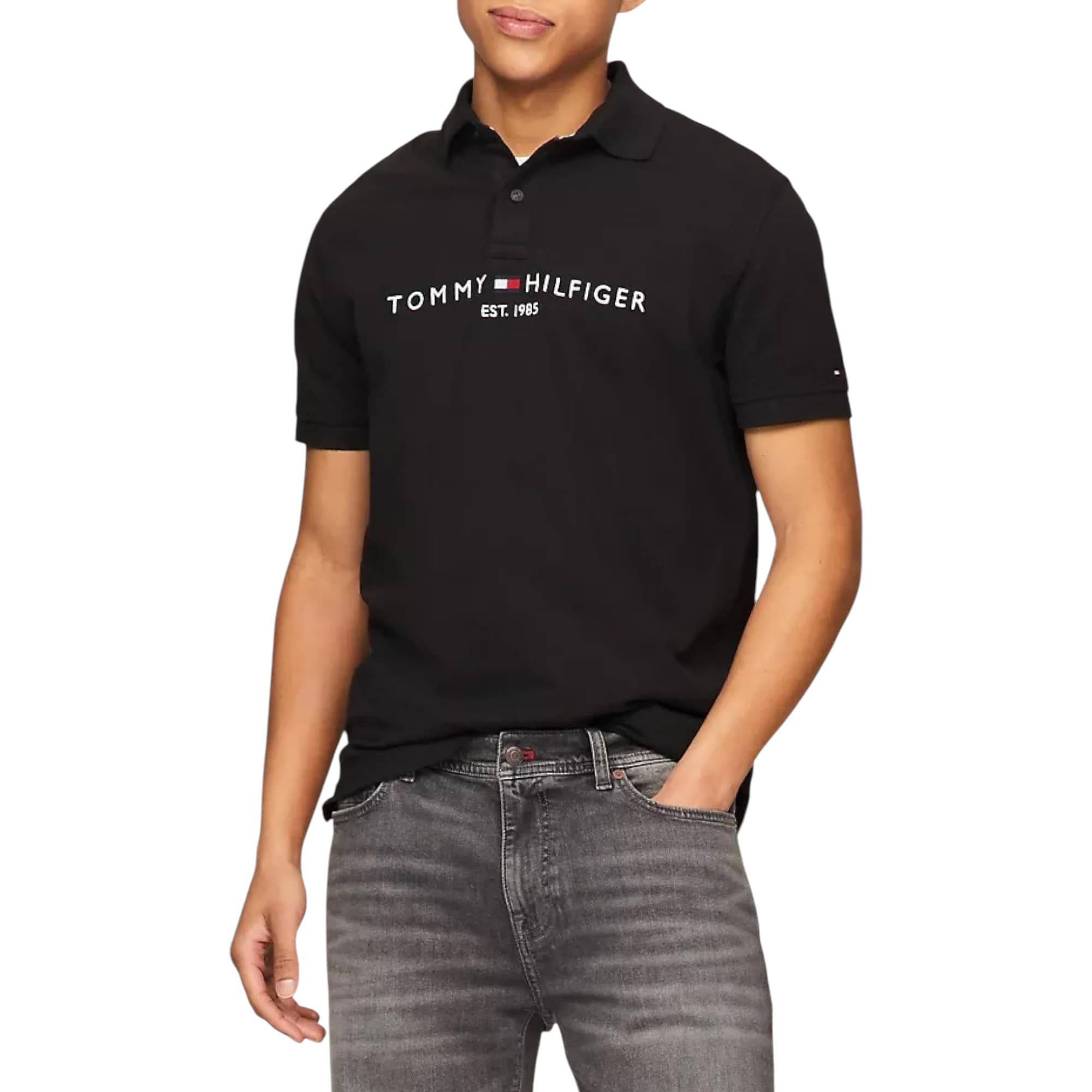 Tommy Hilfiger black men's polo shirt front view with button closure