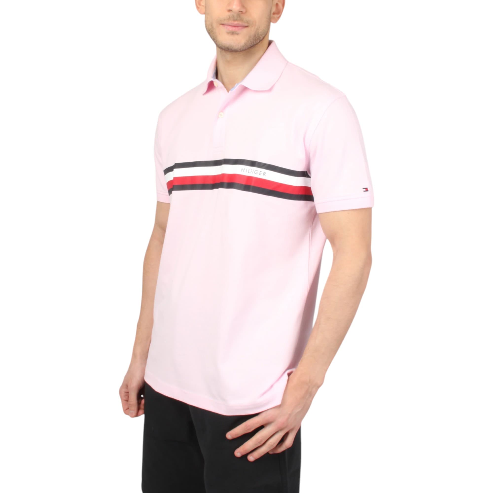 Tommy Hilfiger mens light pink polo shirt front view with logo