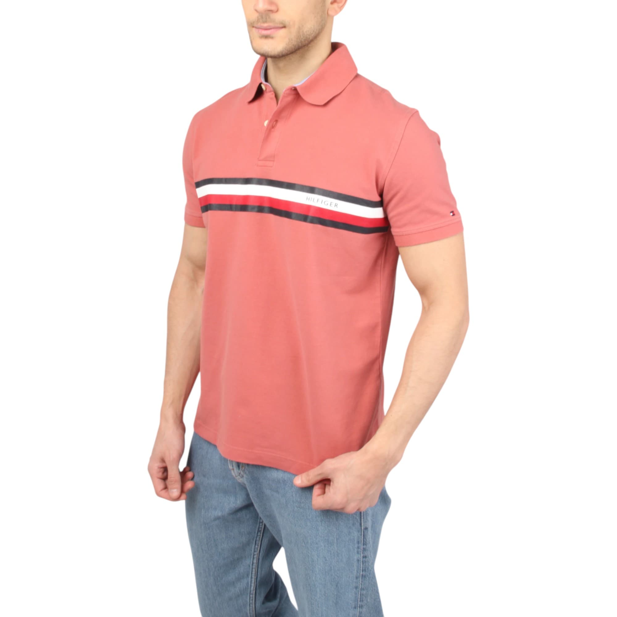 Tommy Hilfiger peach men's polo shirt front view with two-button placket