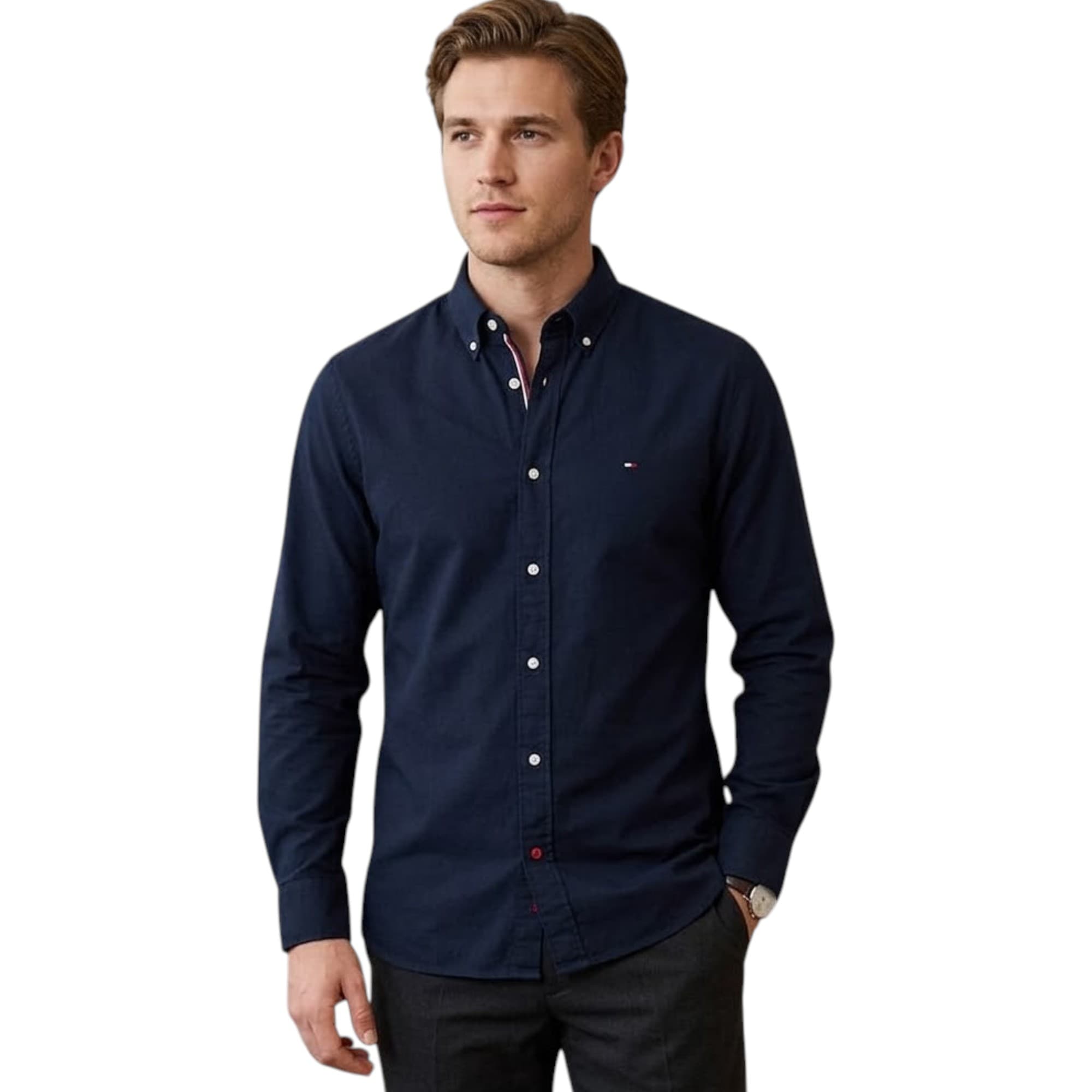 Tommy Hilfiger dark navy men's formal shirt front view with embroidered logo