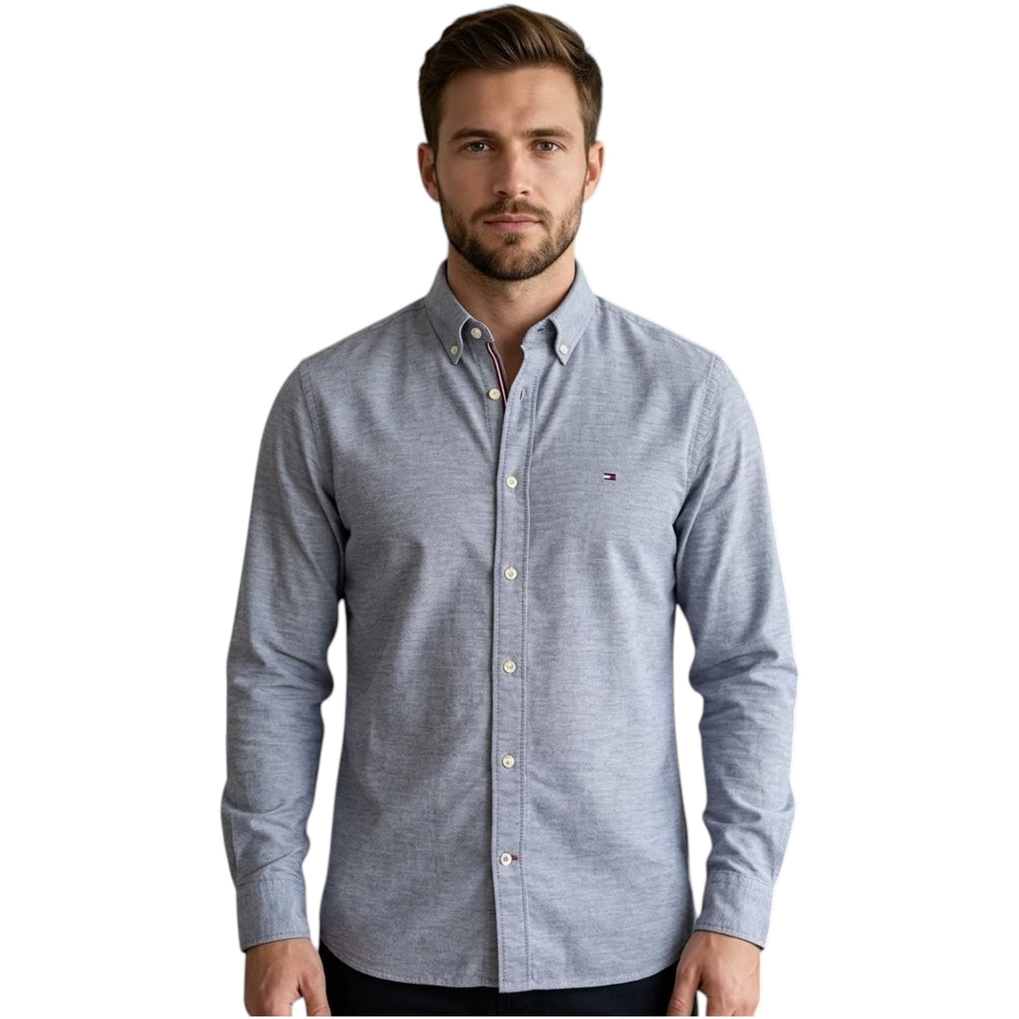 Tommy Hilfiger grey formal shirt front view with embroidered chest logo