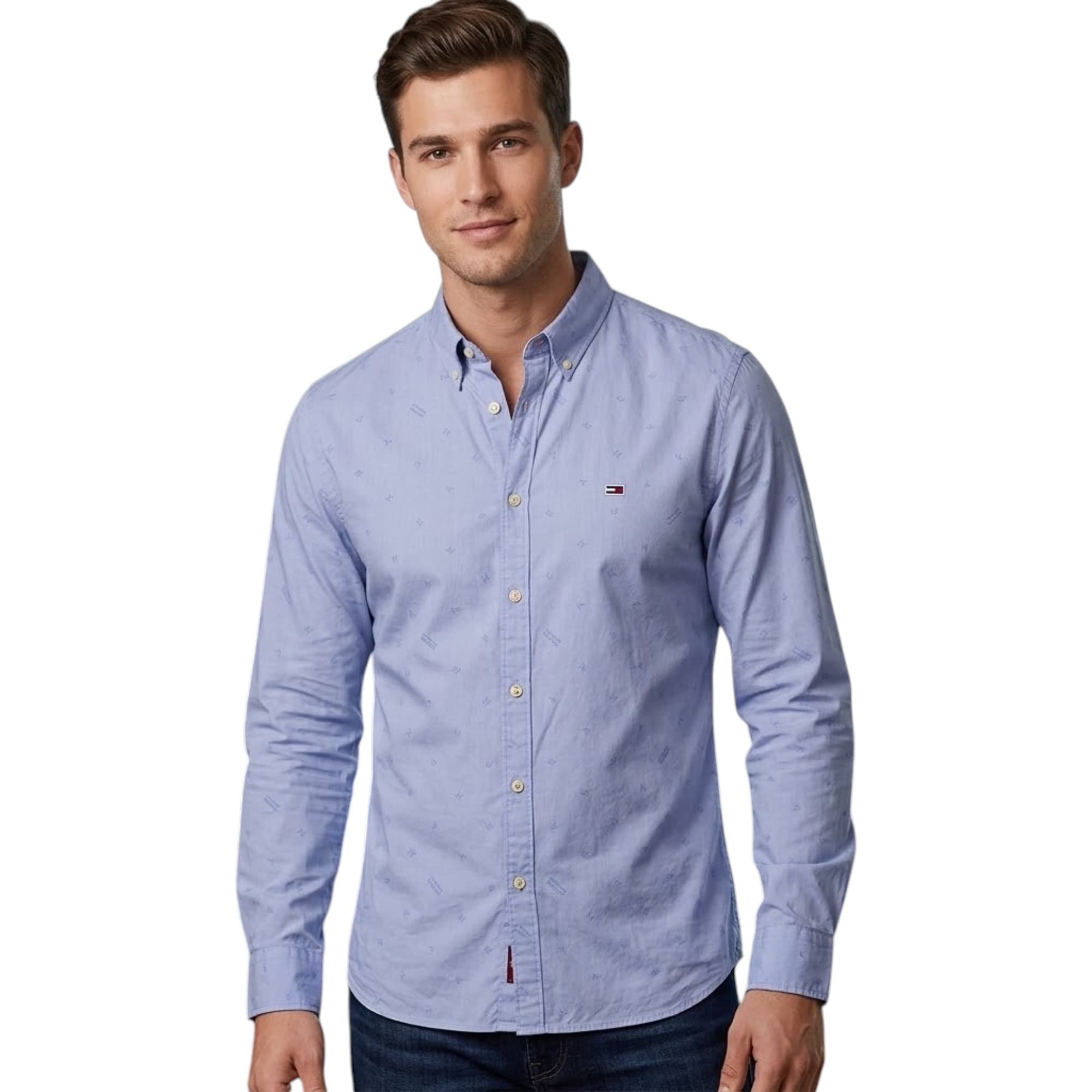 Tommy Hilfiger men's sky blue formal shirt with embroidered logo, front view