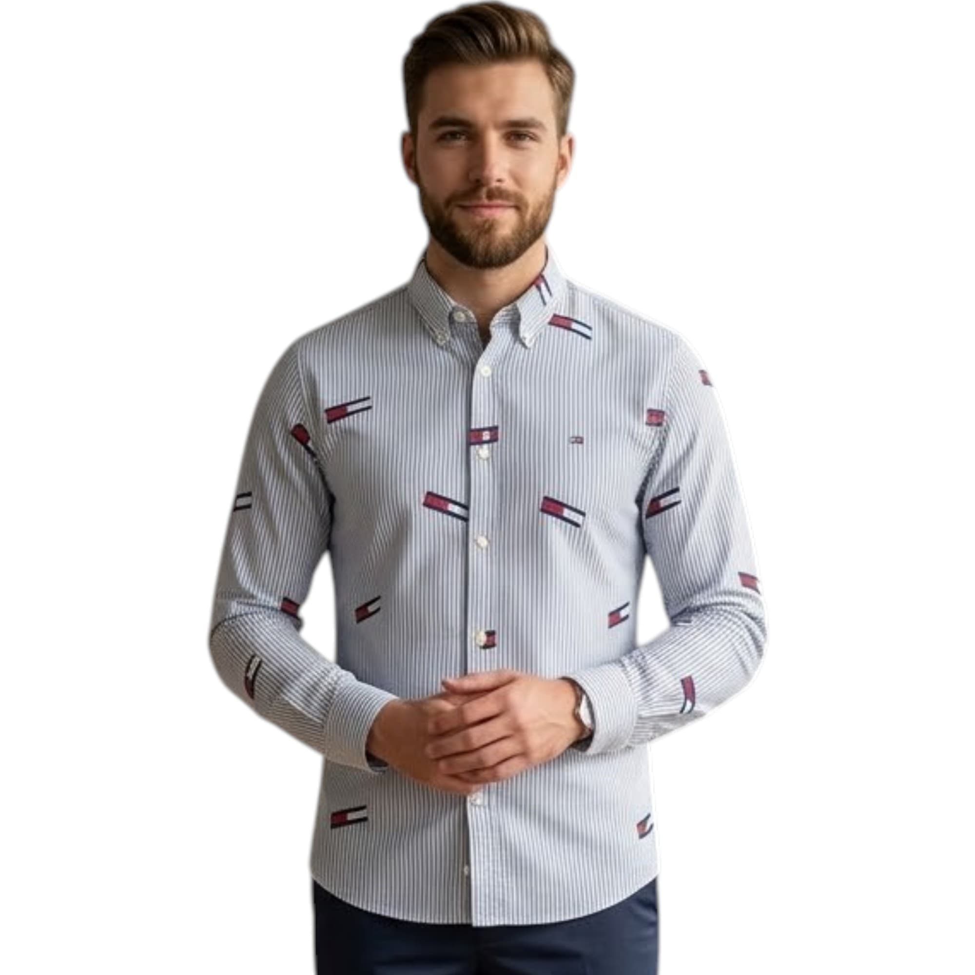 Tommy Hilfiger men's white stripe formal shirt front view with embroidered logo