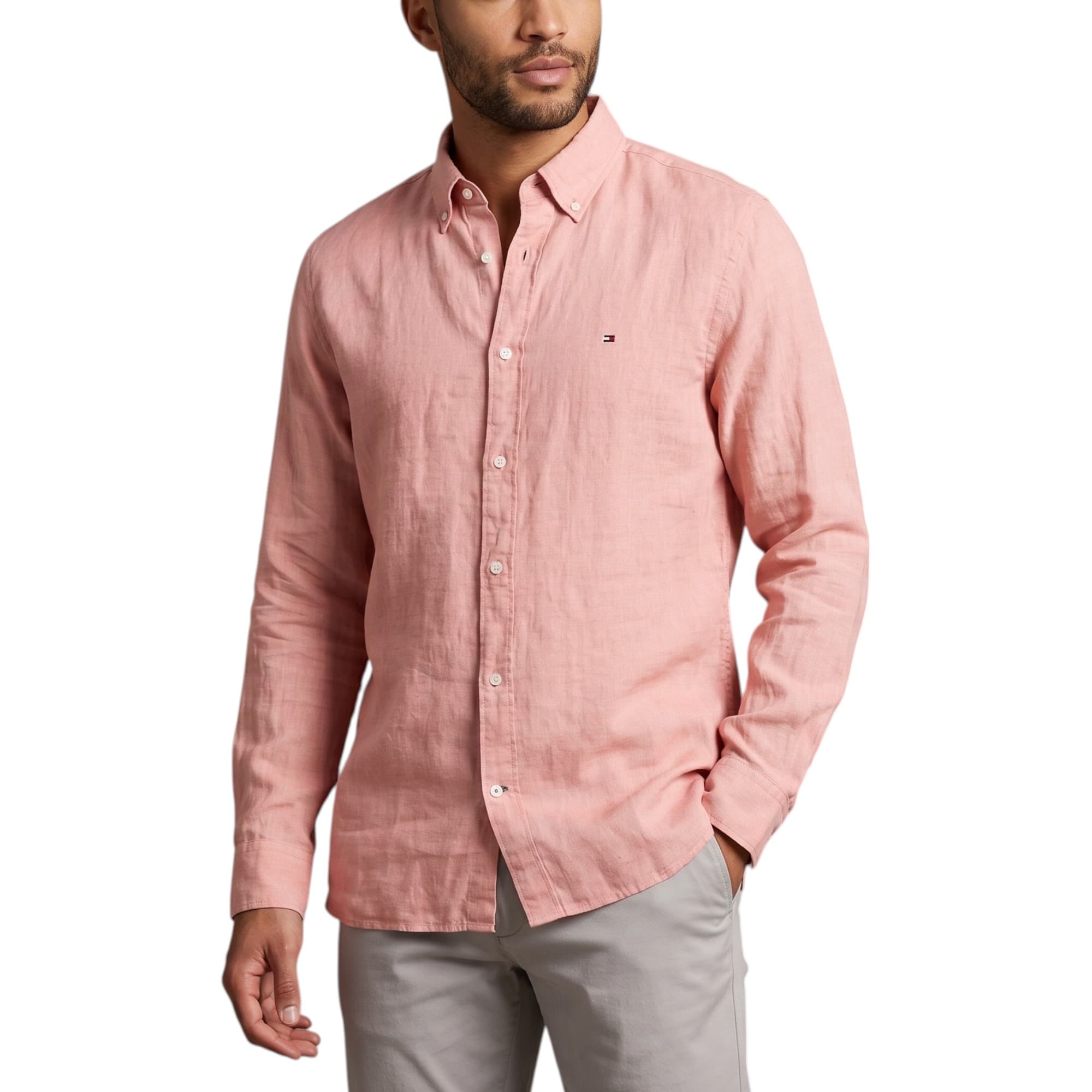 Tommy Hilfiger salmon pink men's Oxford shirt front view with signature flag logo