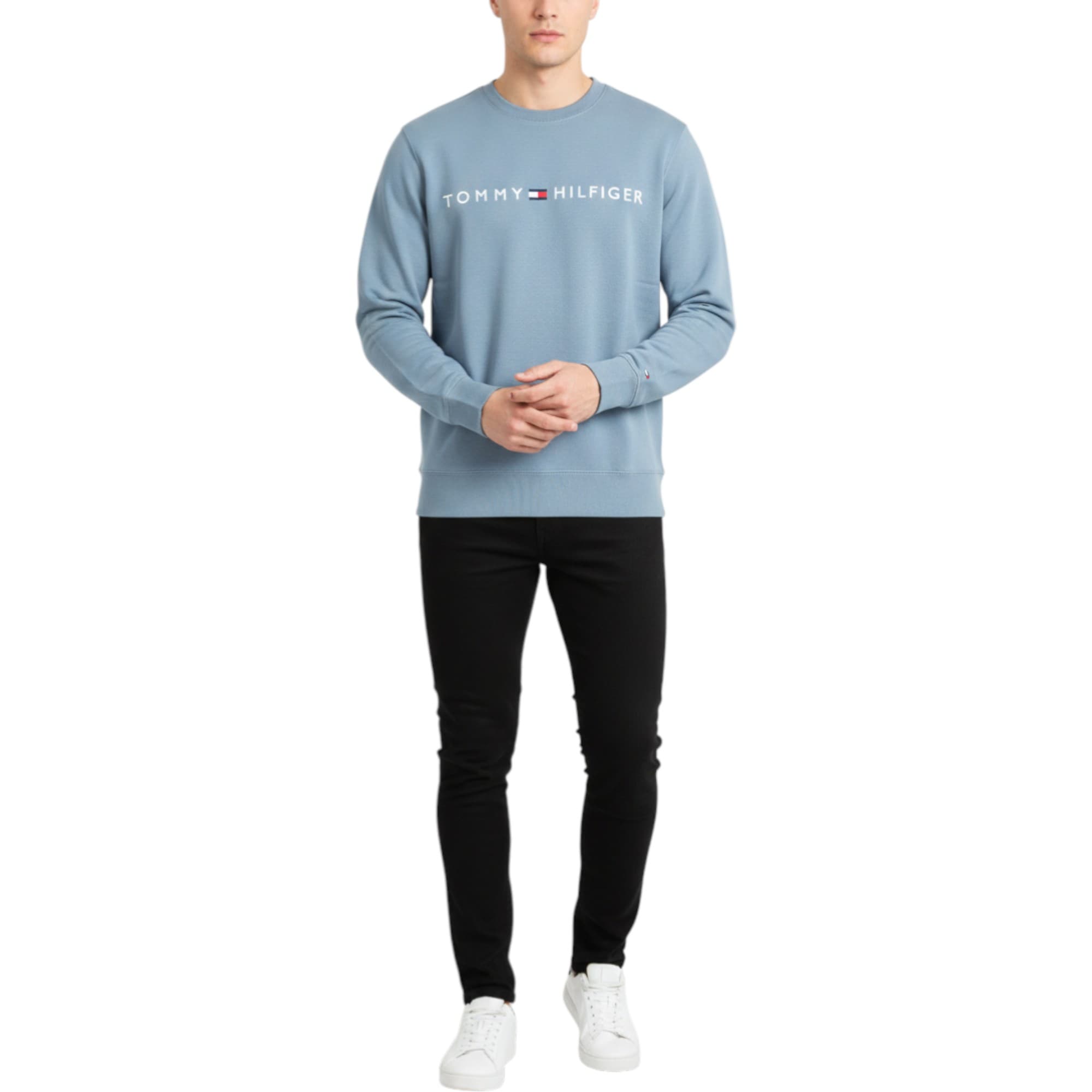 Tommy Hilfiger men's blue cotton sweatshirt front view with chest logo embroidery