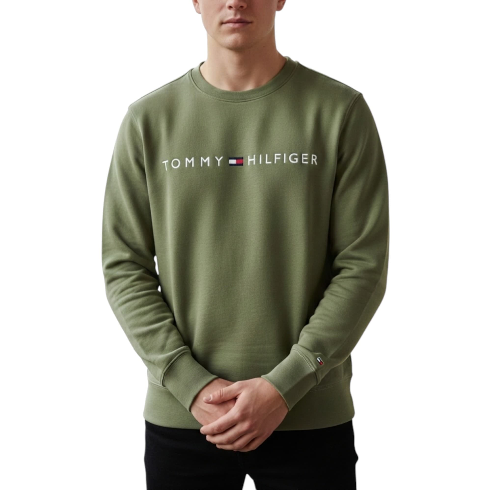 Tommy Hilfiger men's olive crew neck sweatshirt with chest logo embroidery, front view