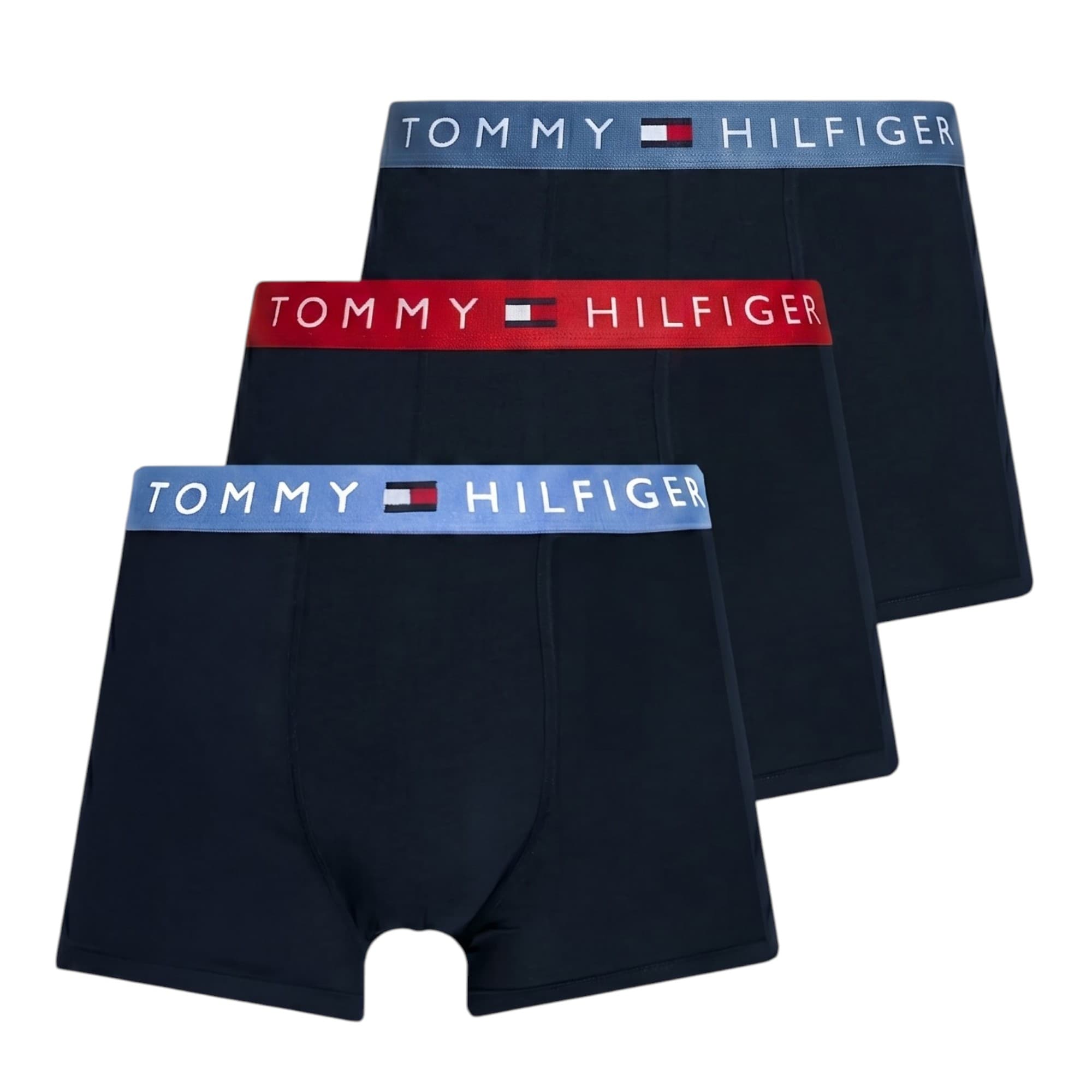 Tommy Hilfiger men's trunks front view, desert sky red and denim three-pack