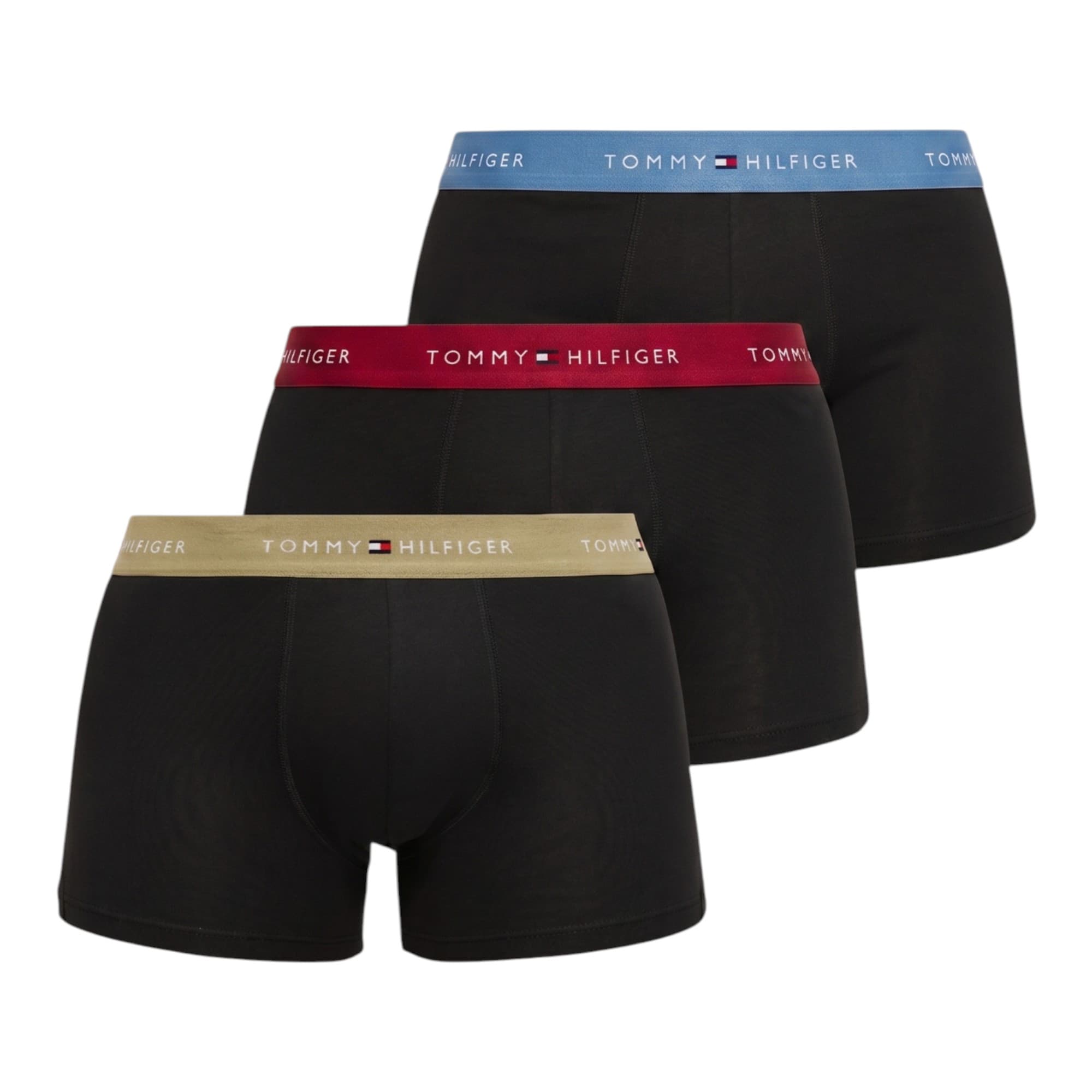 Tommy Hilfiger mens trunks 3-pack front view showing gold, red and denim colours with logo waistband
