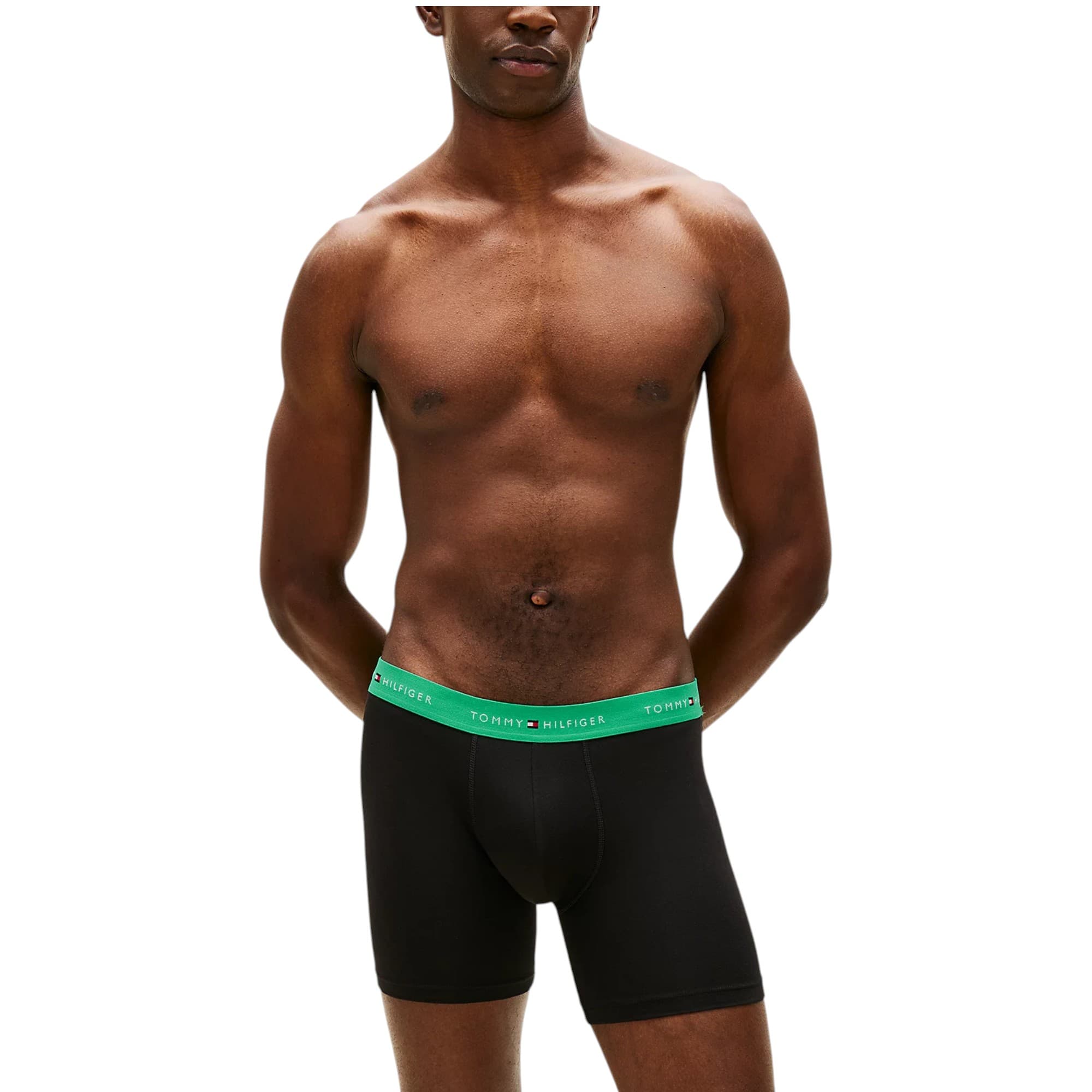 Tommy Hilfiger men's trunks 3-pack front view in green olive and light grey