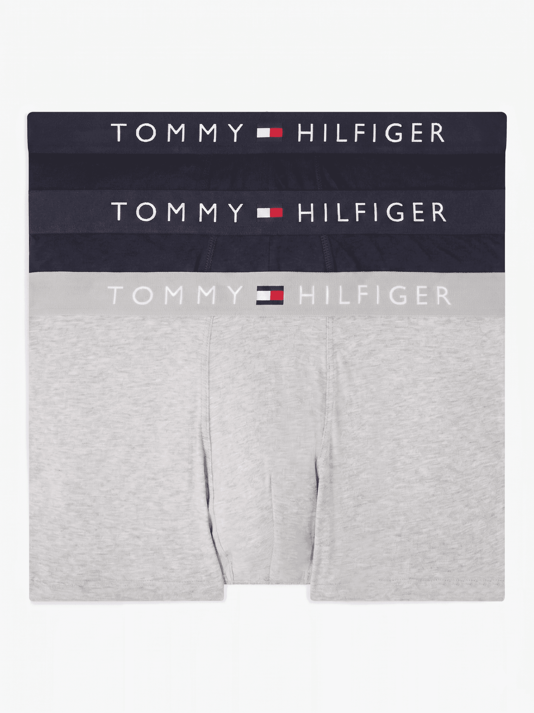 Tommy Hilfiger men's trunks front view, grey and navy pack of three