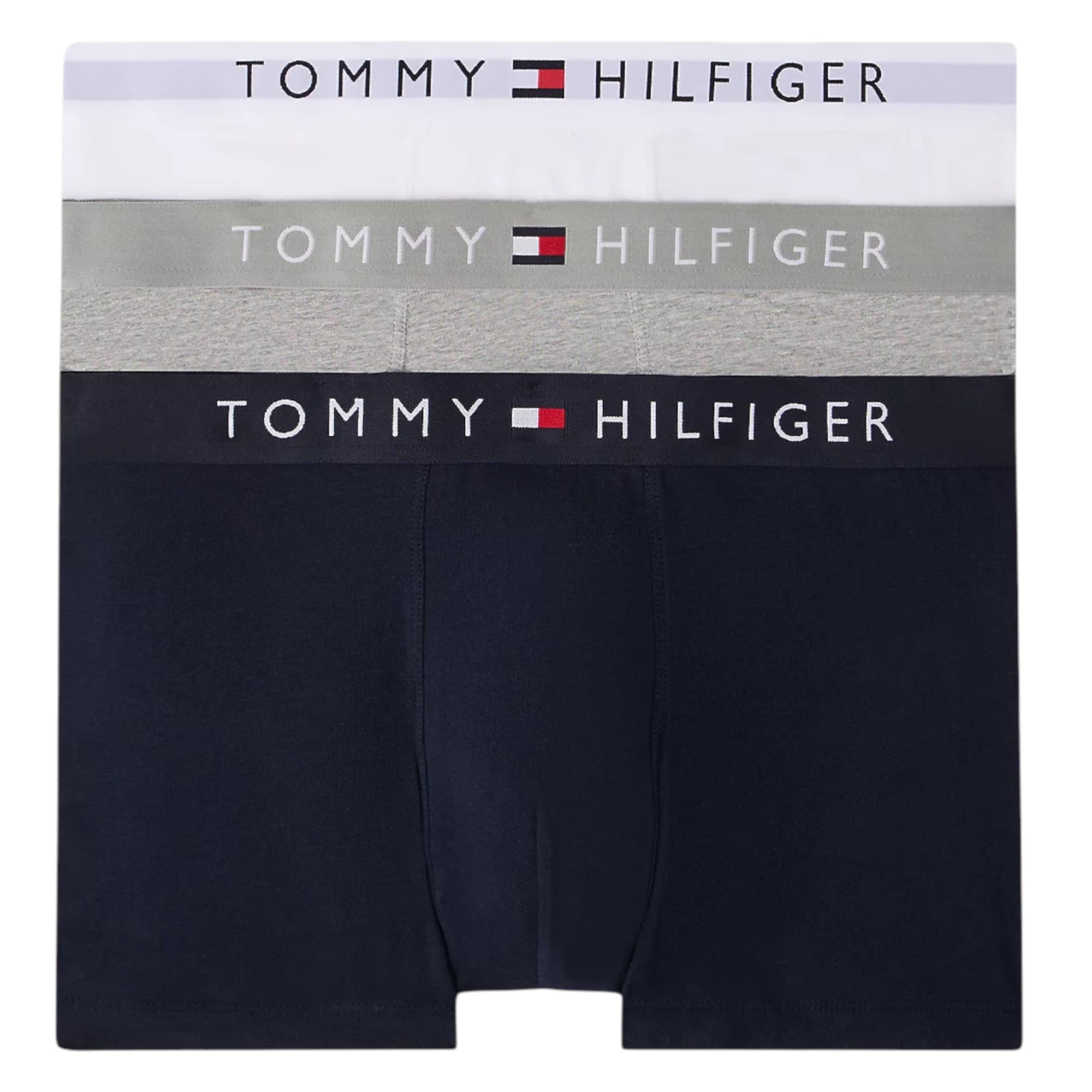 Tommy Hilfiger men's trunks 3-pack front view, grey navy white cotton
