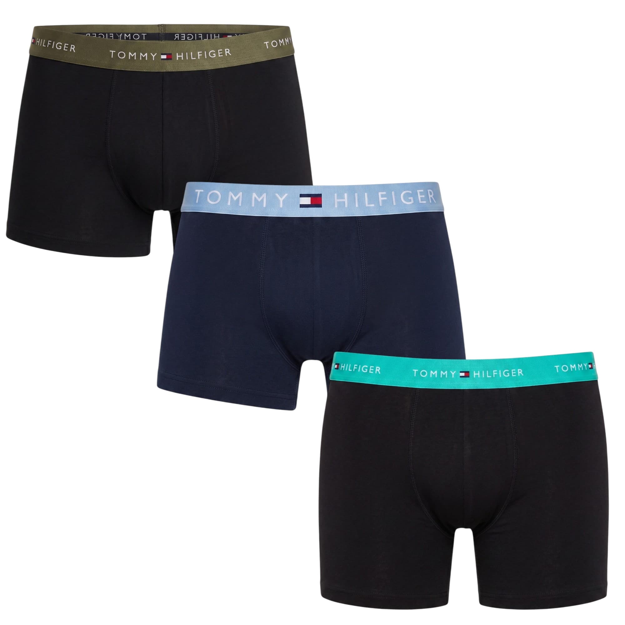 Tommy Hilfiger men's trunks front view, olive green and light blue