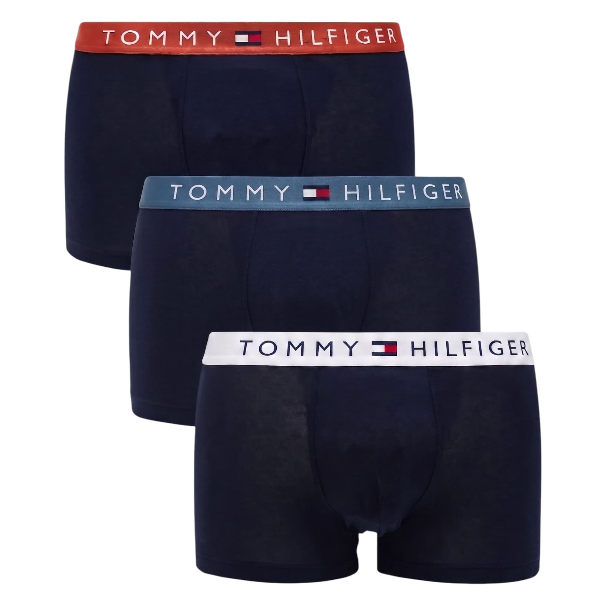 Tommy Hilfiger men's trunks 3-pack front view with orange, white and blue