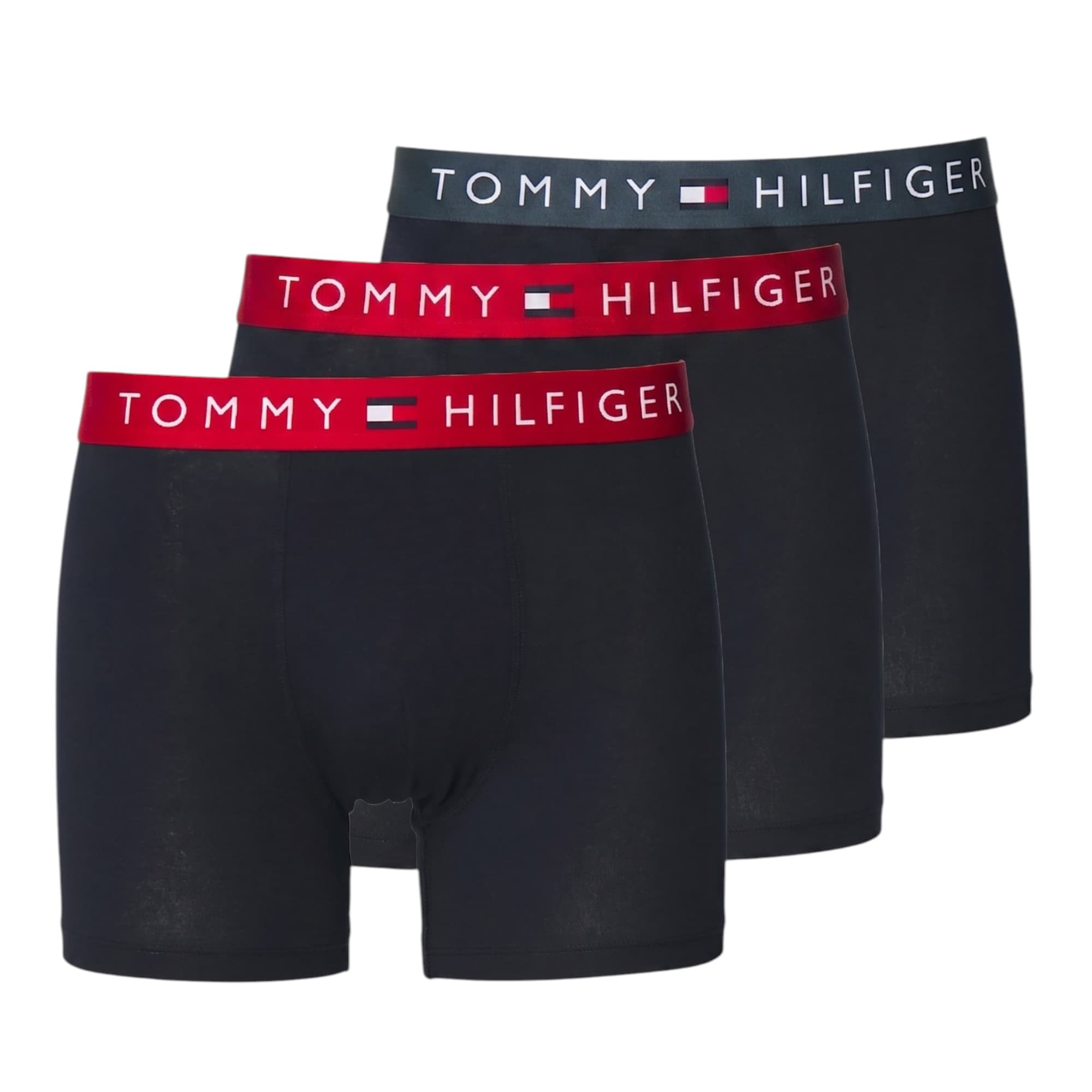 Tommy Hilfiger men's red and denim trunks 3-pack front view
