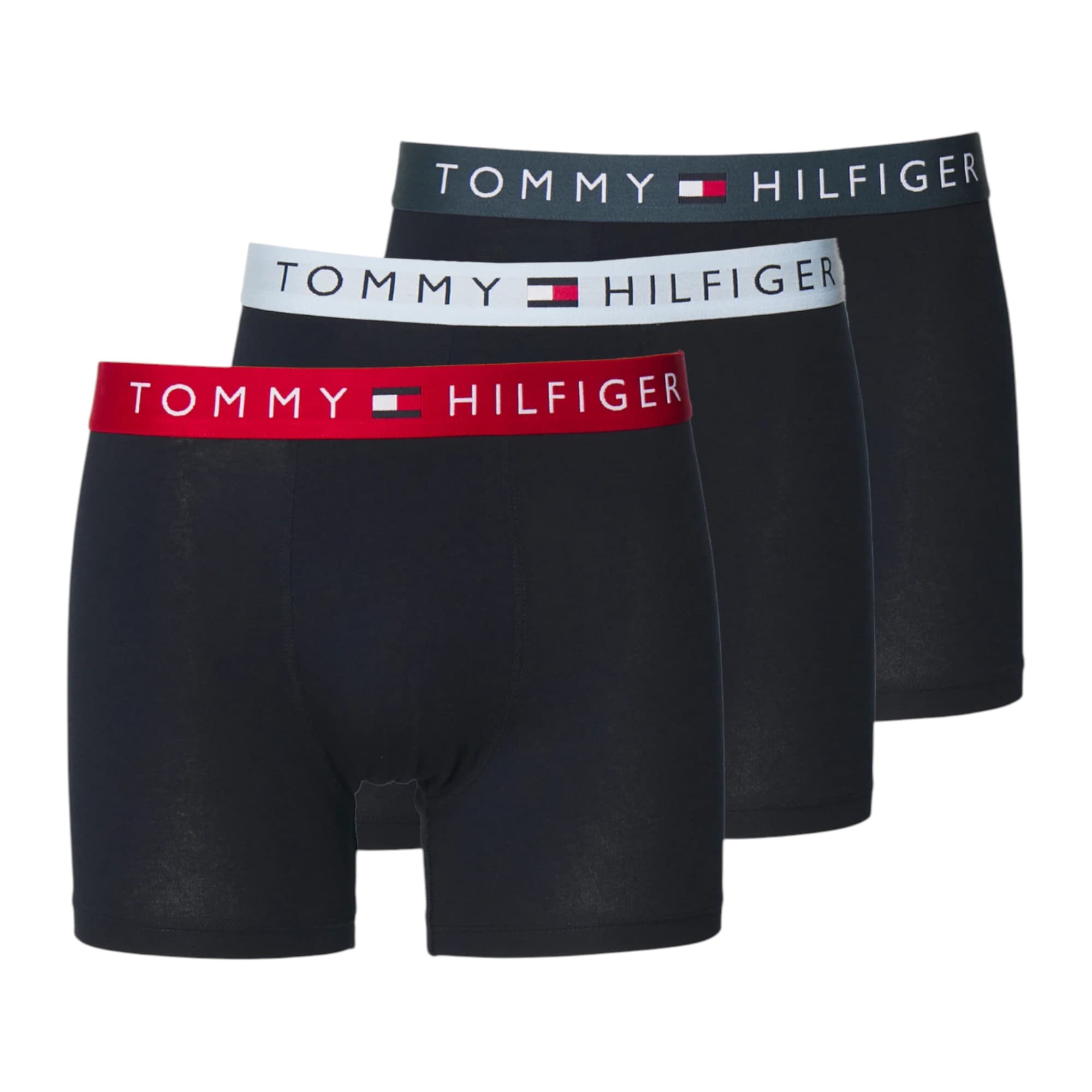 Tommy Hilfiger mens trunks 3-pack front view displaying red, sky blue and denim colours