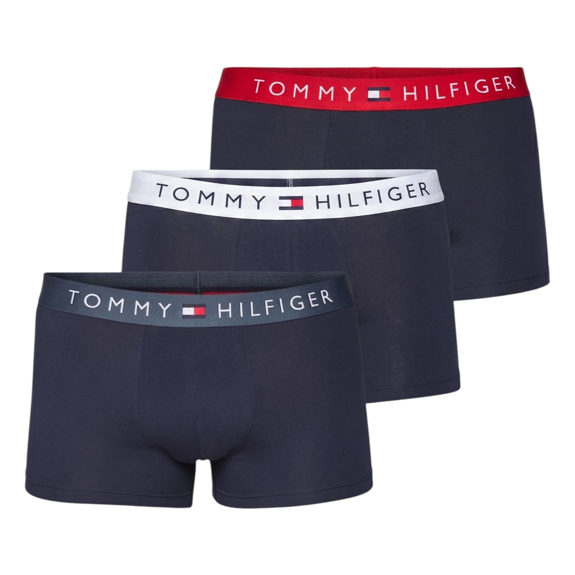 Tommy Hilfiger men's trunks front view, red white navy three-pack