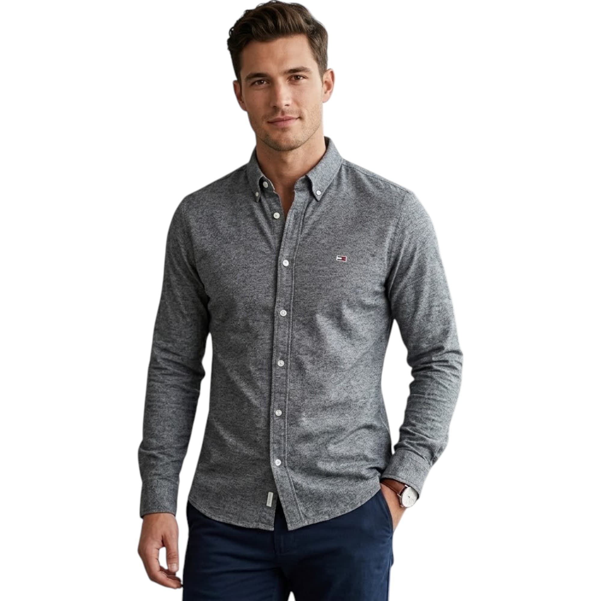 Tommy Jeans charcoal grey oxford shirt front view with embroidered logo