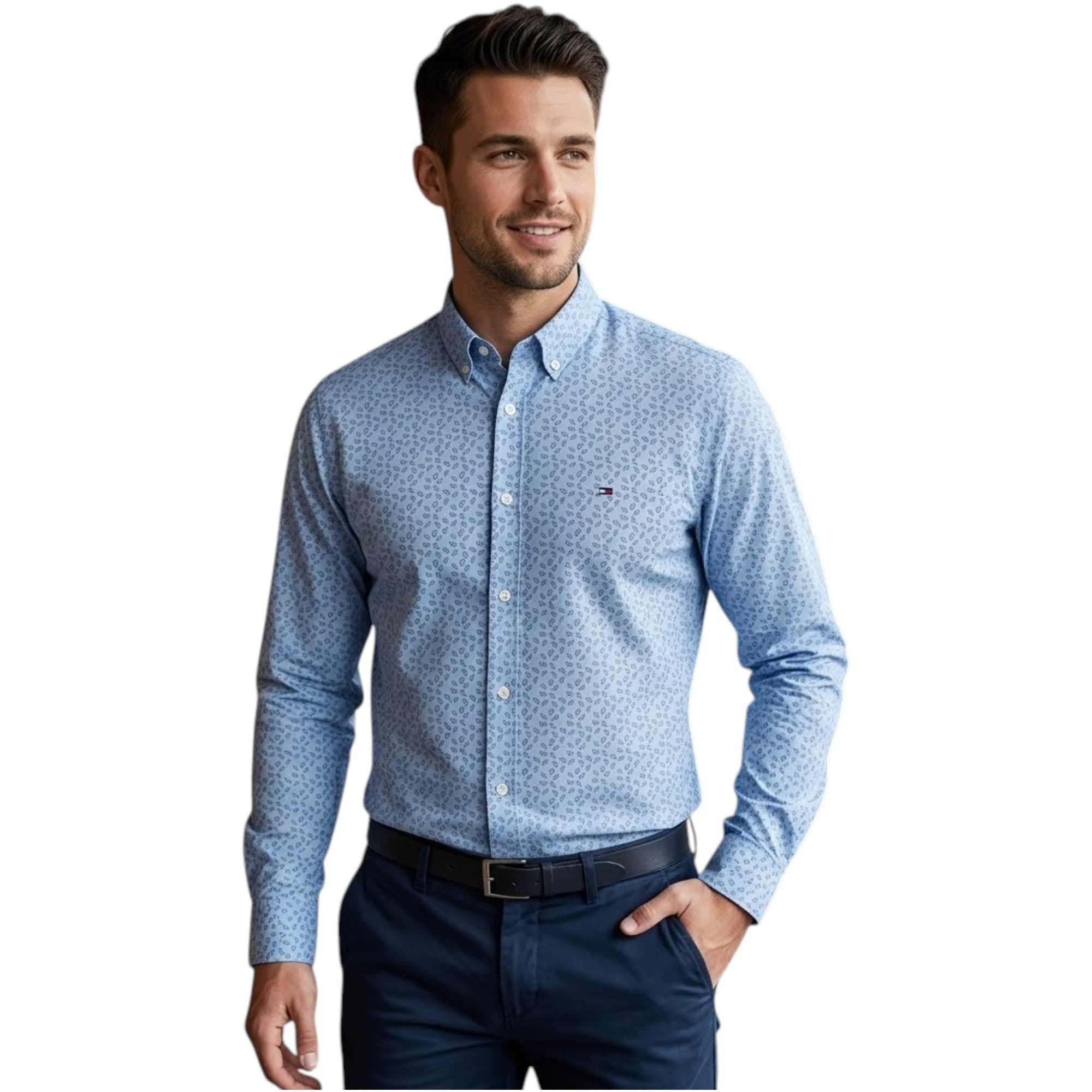 Tommy Jeans Men's Oxford Shirt in sky blue dobby print, front view