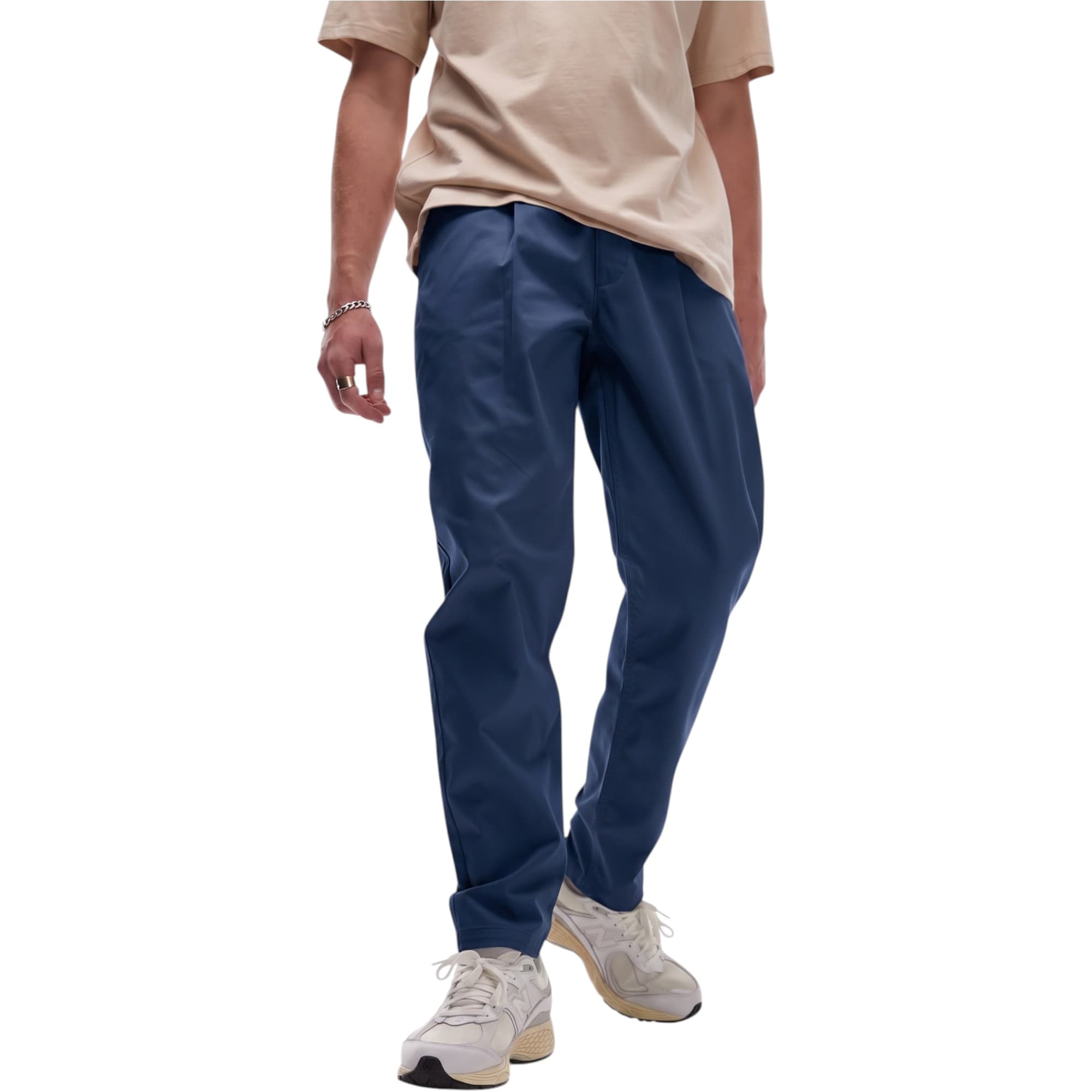 Topman men's navy chino trousers, front view, regular tapered fit